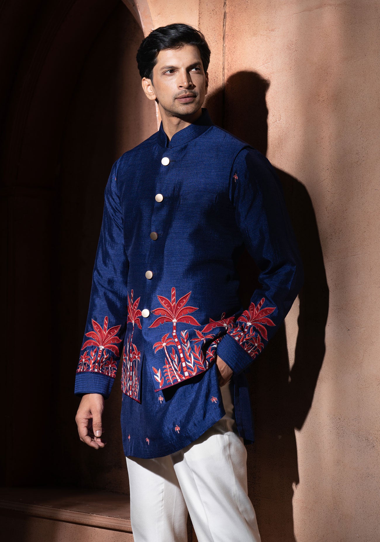 Blue & Red Embroidered Nehru Jacket Set
