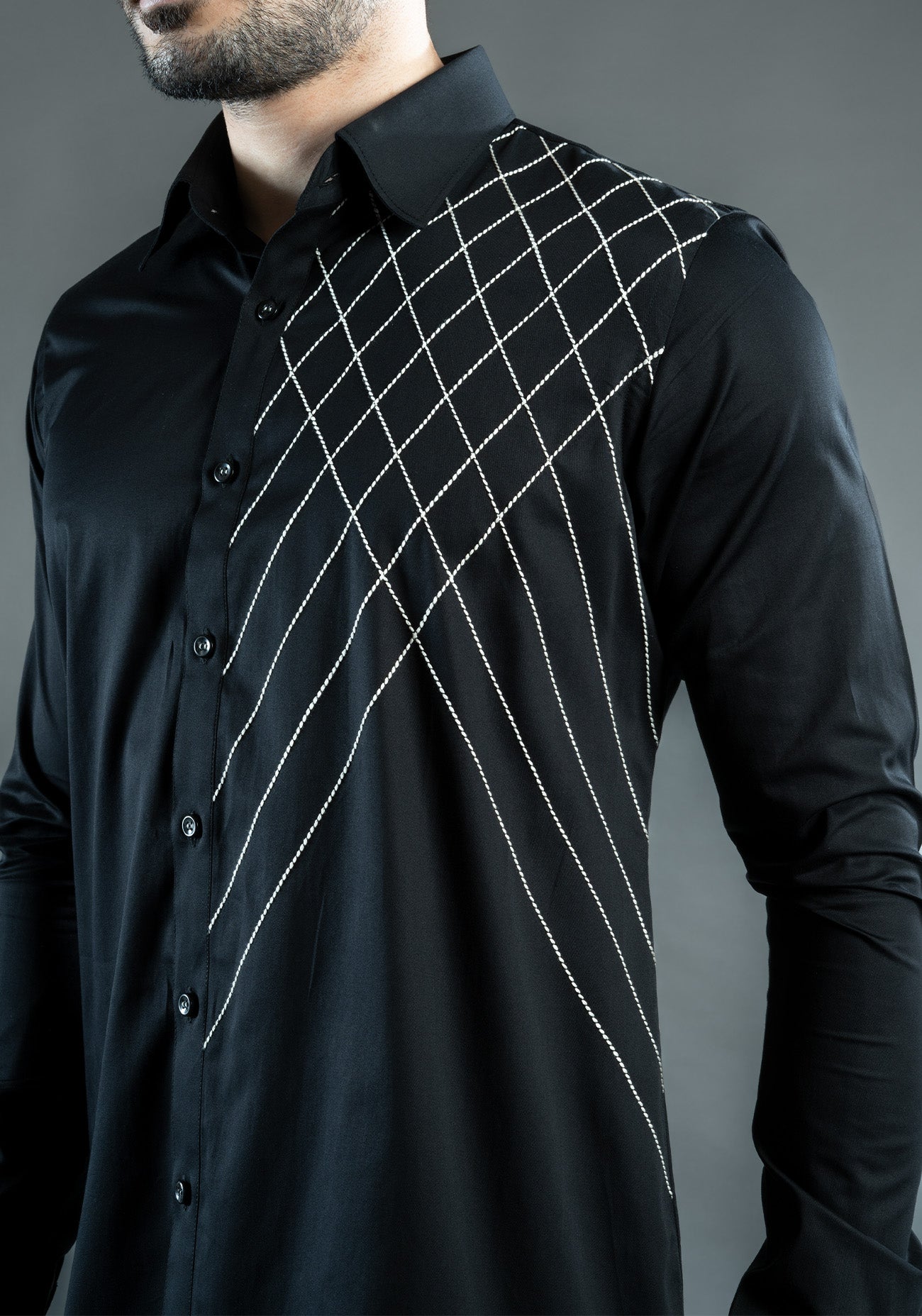 Black Cotton Criss Cross Embroidered Shirt
