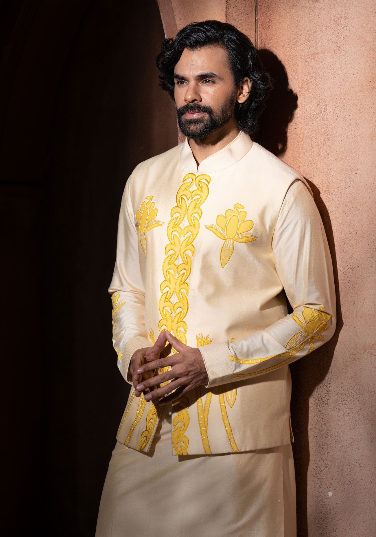 Beige & Yellow Embroidered Nehru Jacket Set