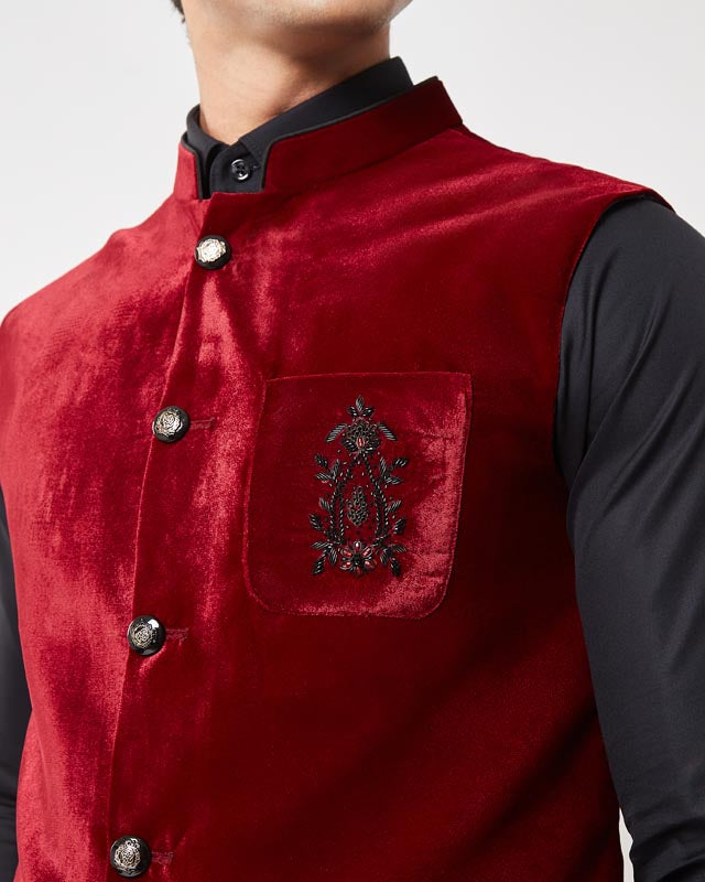 Maroon Pocket Embroidered Nehru Jacket