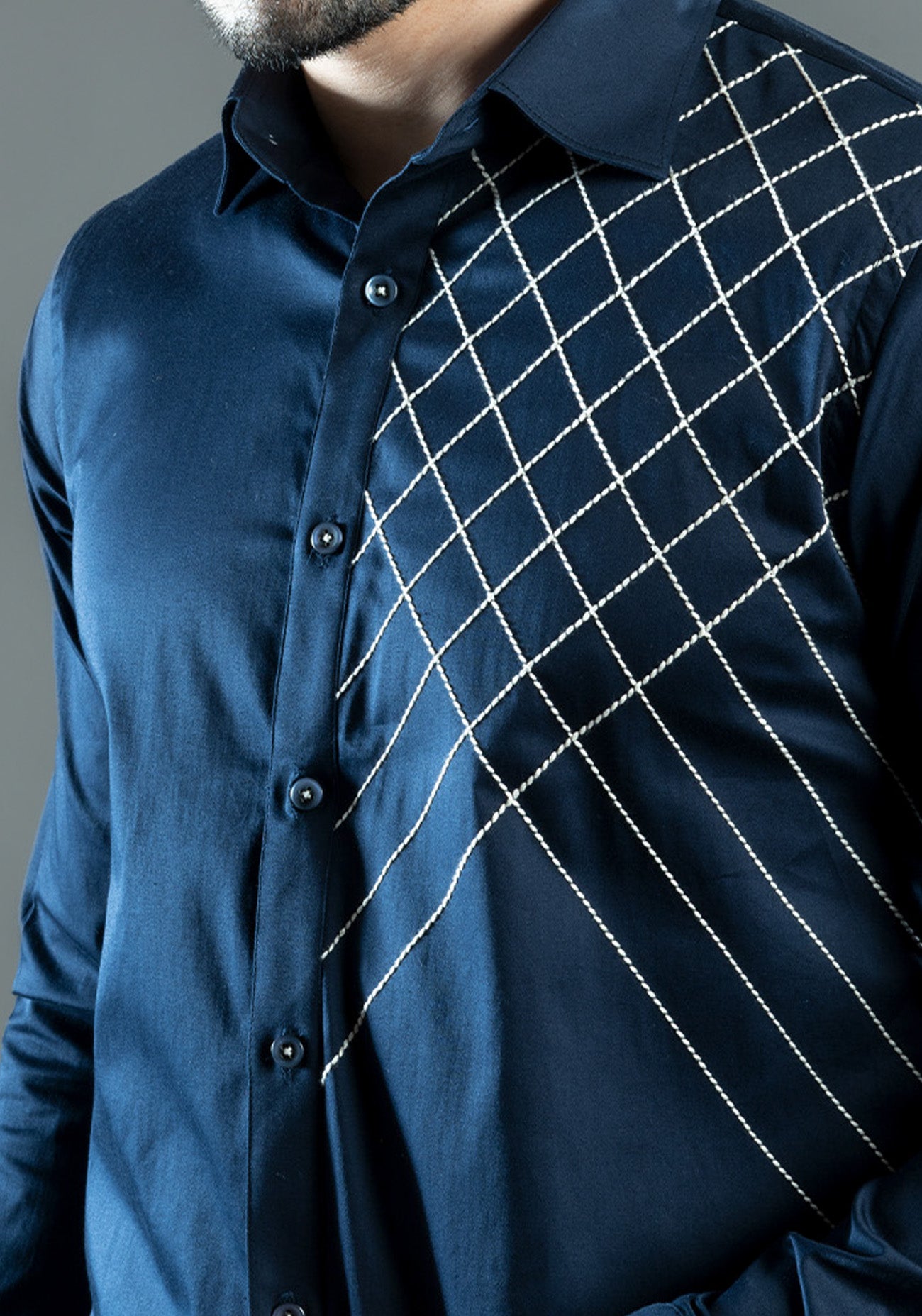 Navy Blue Cotton Criss Cross Embroidered Shirt