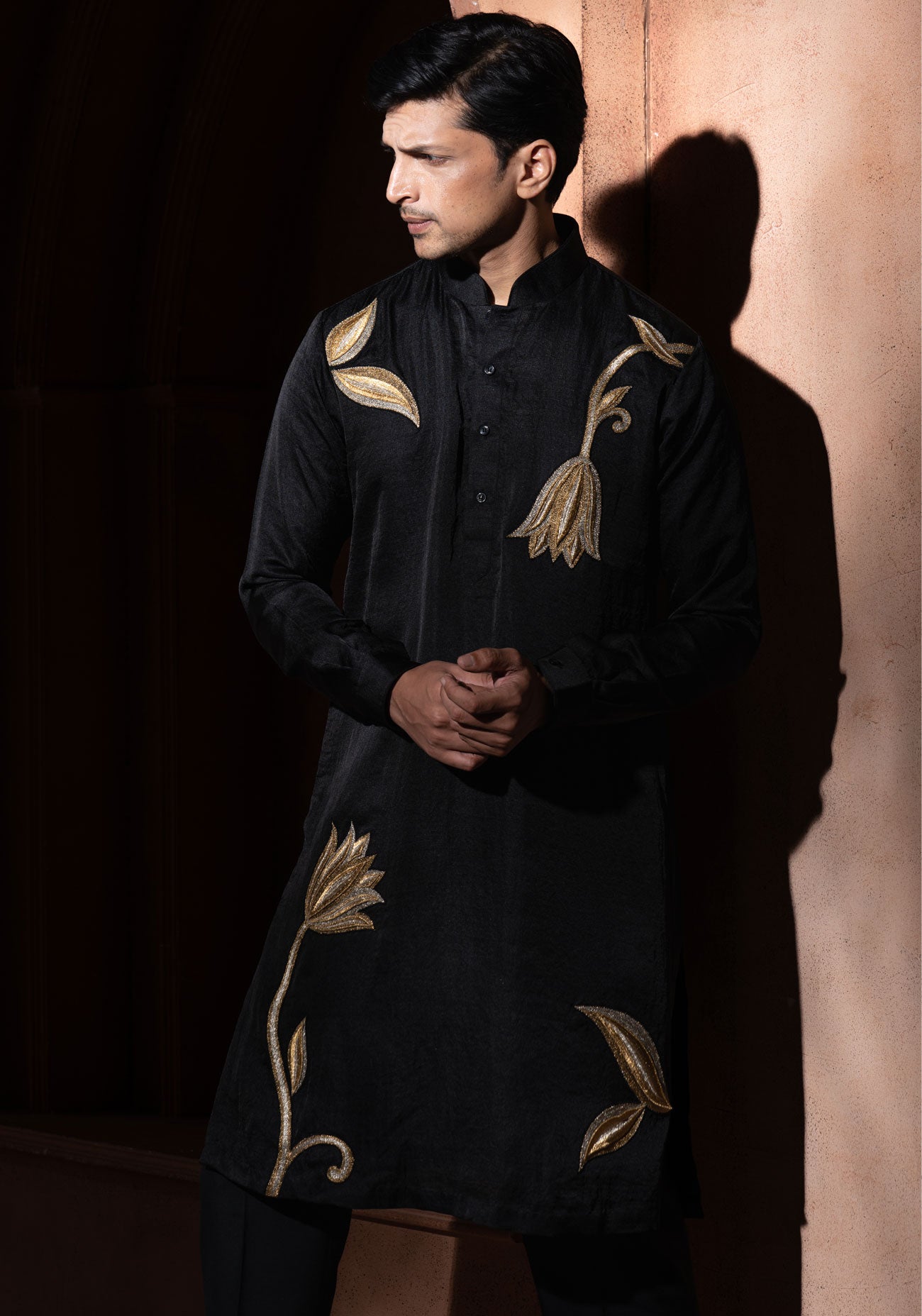 Black & Gold 3D Embroidered Kurta Set