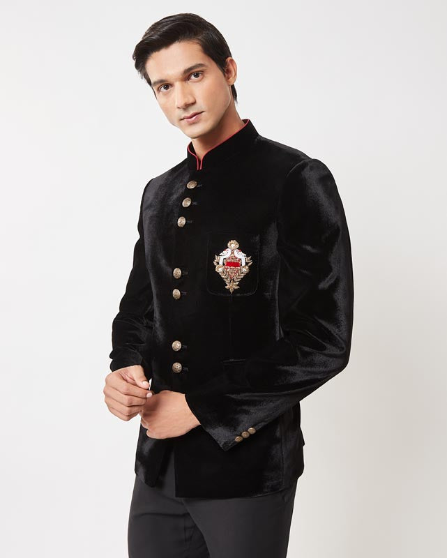 Black Velvet Embroidered Bandhgala