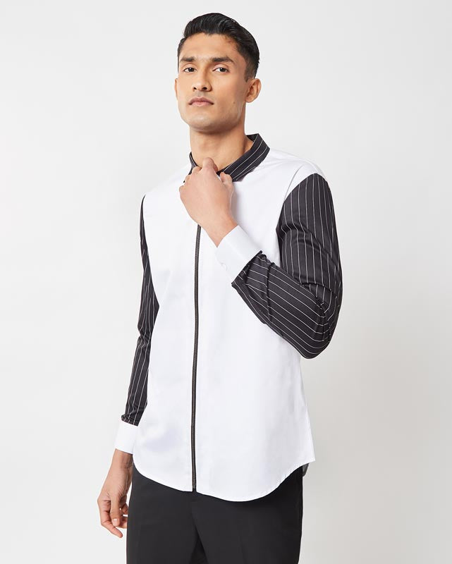 White & Black Stripe Zipper Shirt
