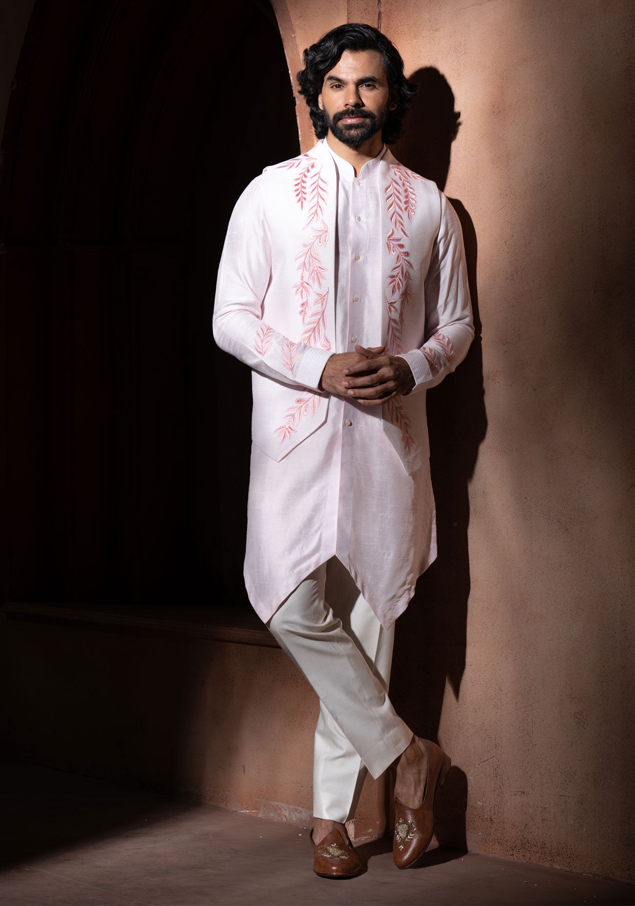 Baby Pink Embroidered Nehru Jacket Set