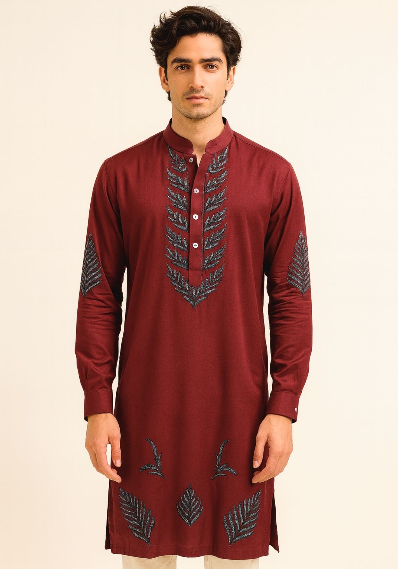 Maroon Leaf Embroidered Kurta Set