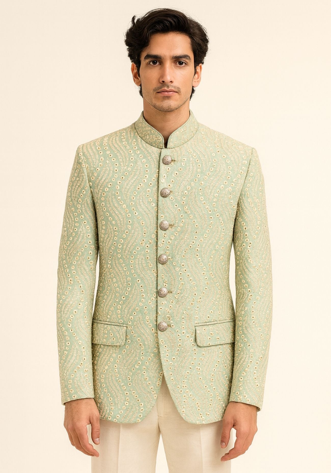 Mint Green Mirror Embroidered Bandhgala