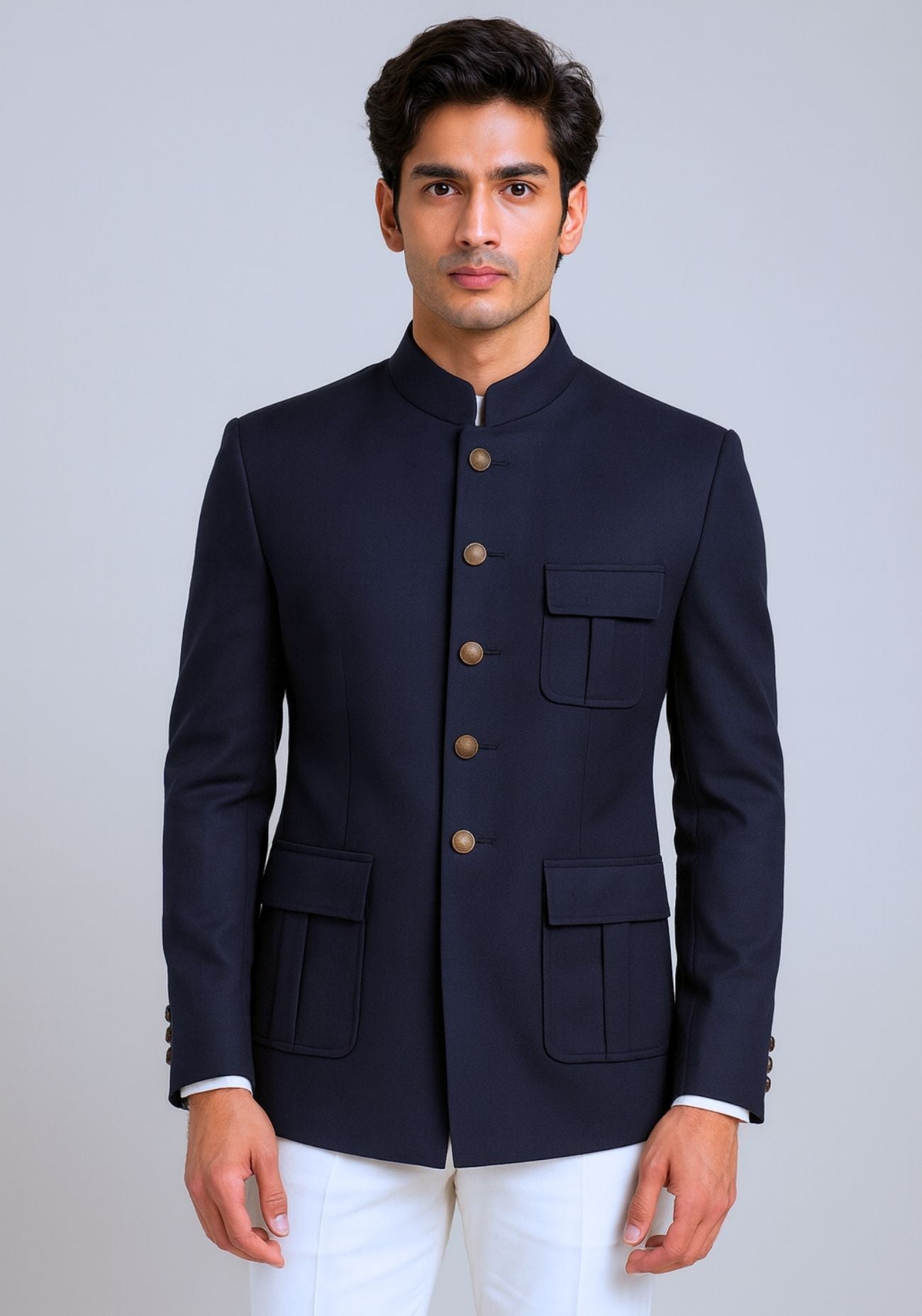 Navy Blue Bandhgala with Patch Pockets
