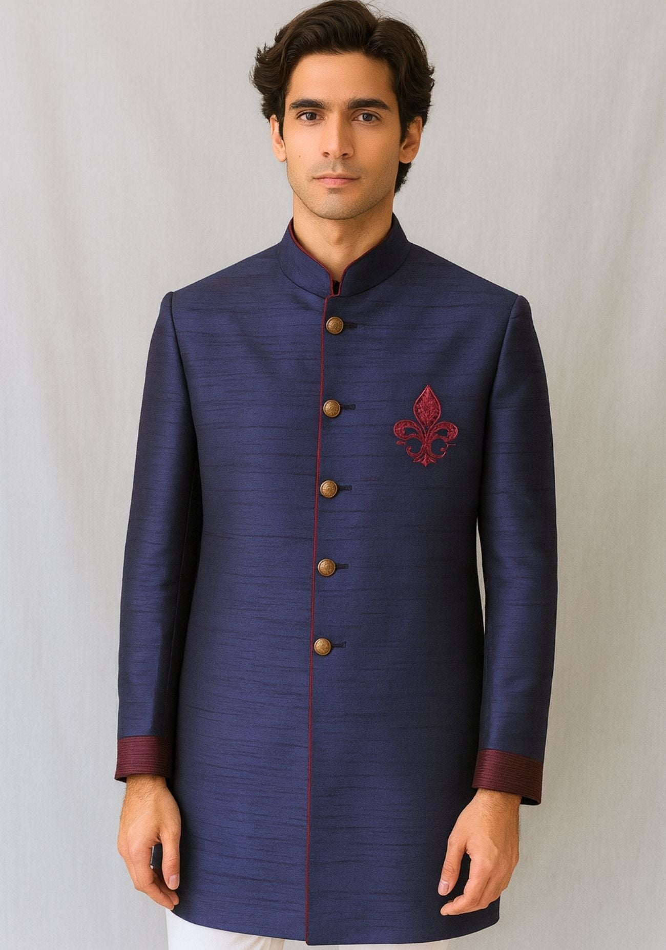Navy Blue Art Raw Silk Sherwani