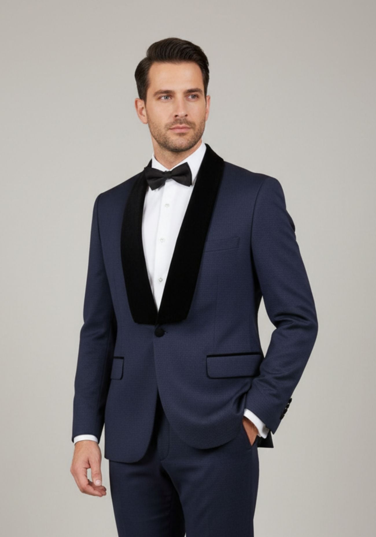 Navy blue textured tuxedo with black velvet lapel