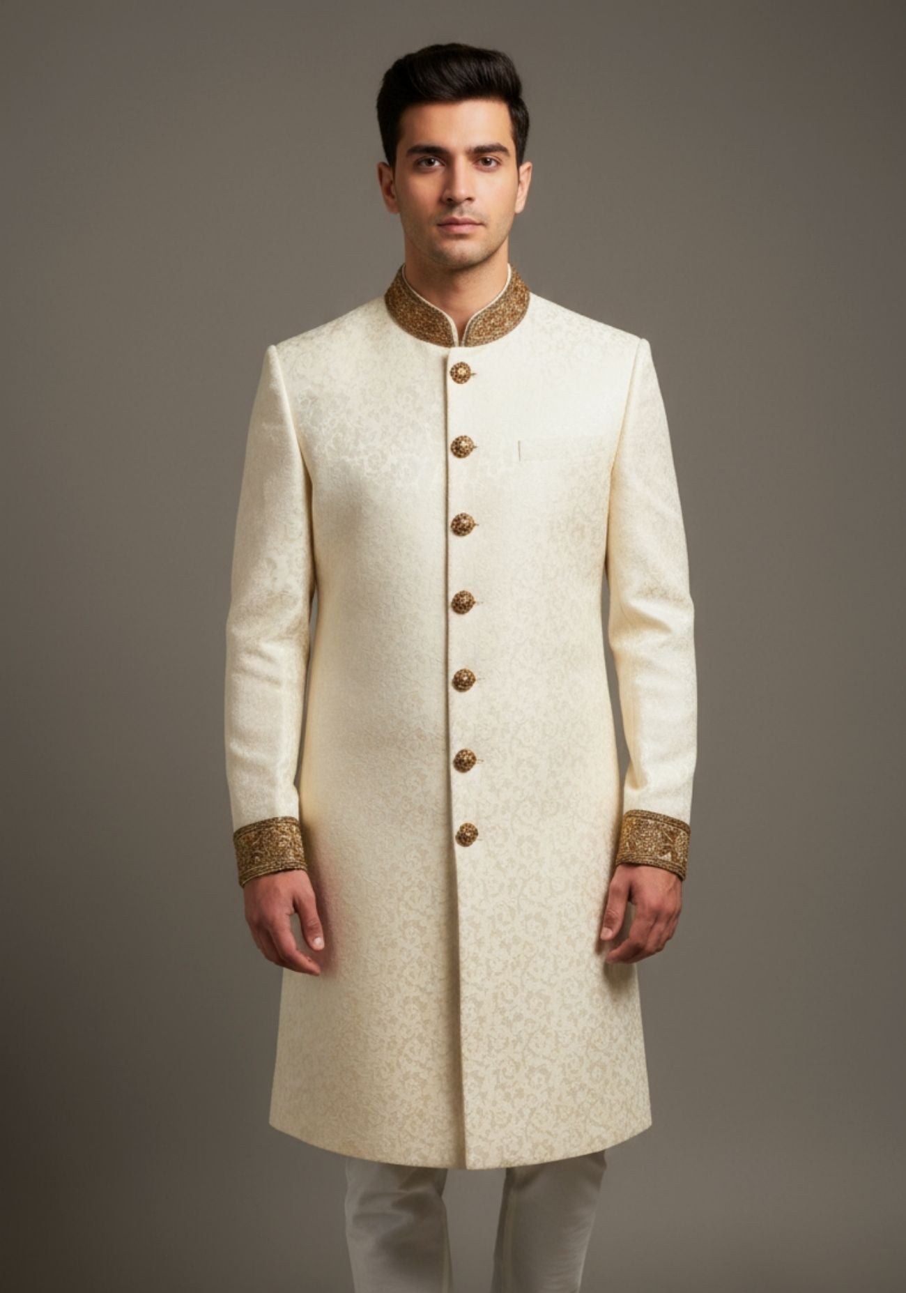 Off White & Gold Embroidered Sherwani Set