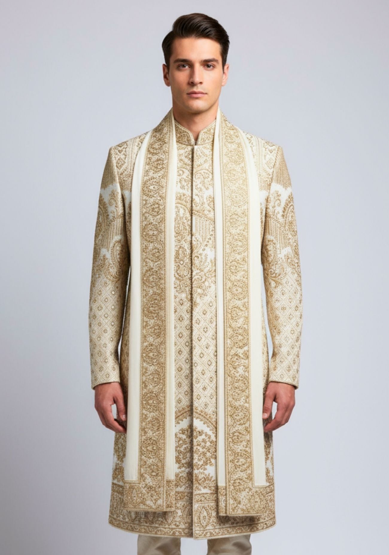 Off White & Gold Hand Embroidered Sherwani