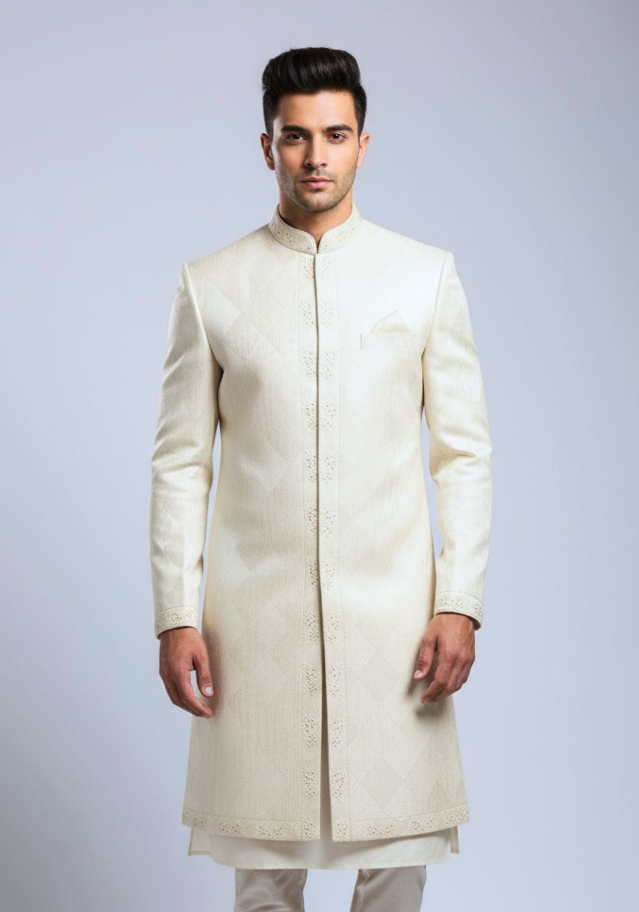 Off White Textured Sherwani Set
