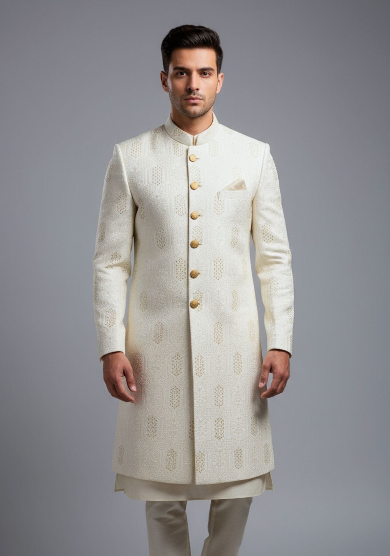 Off White Embroidered Sherwani Set