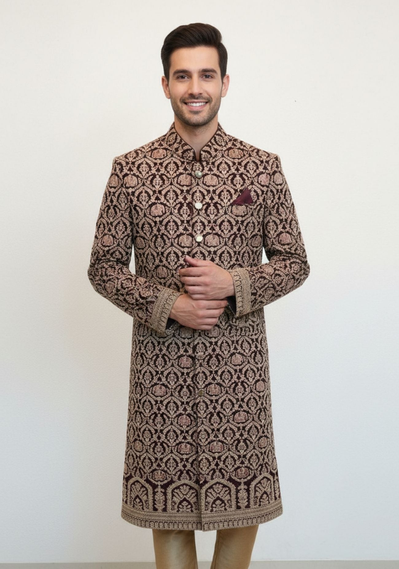 Wedding Maroon Embroidered Sherwani