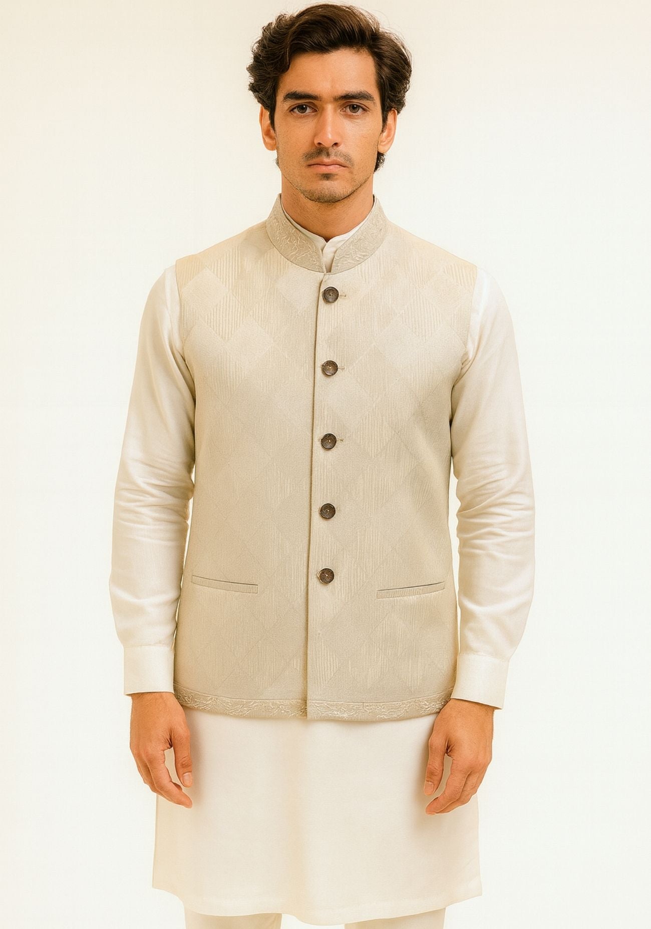 White & Grey Textured Nehru Jacket