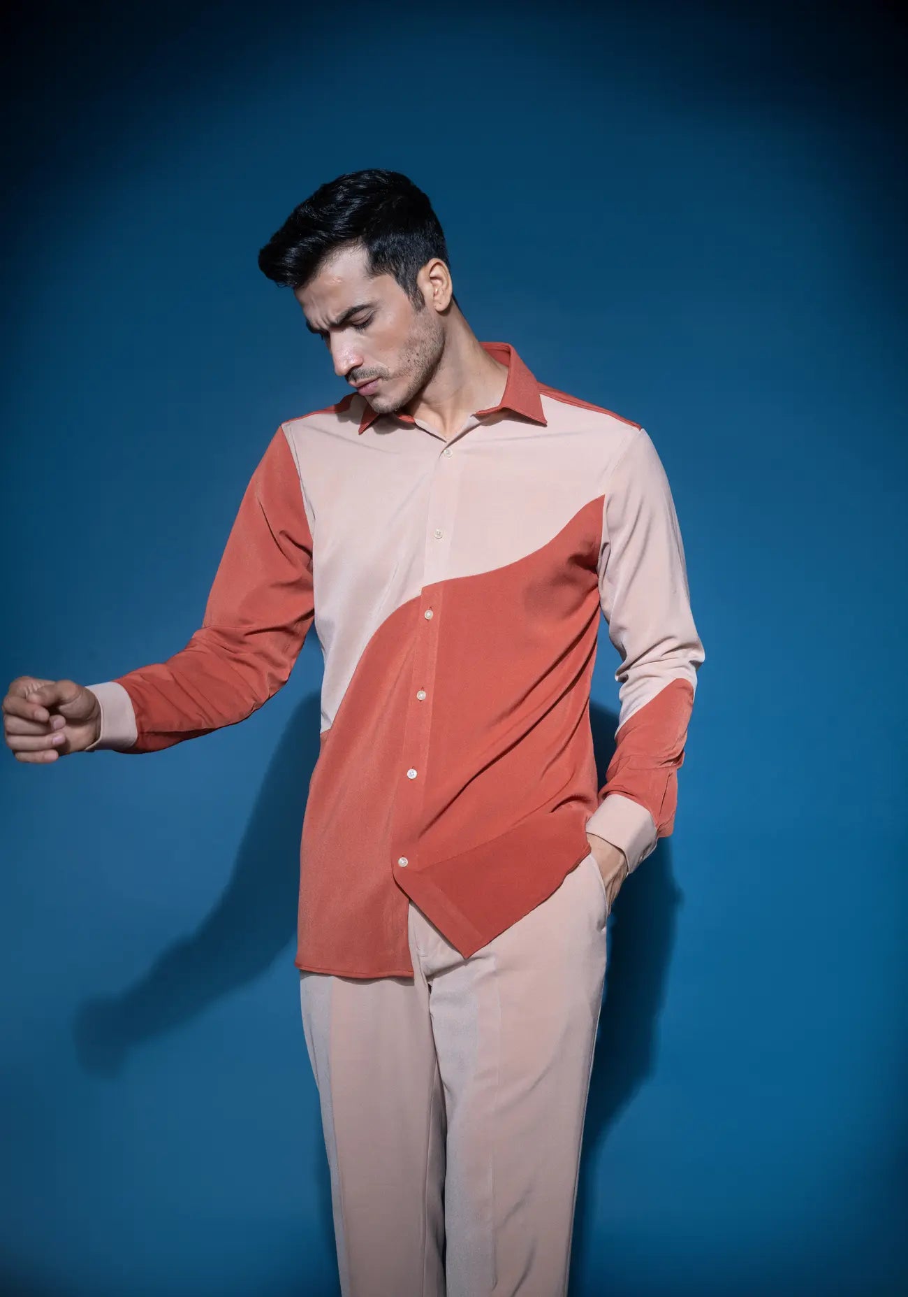Burnt Orange & Taupe Color Block Shirt
