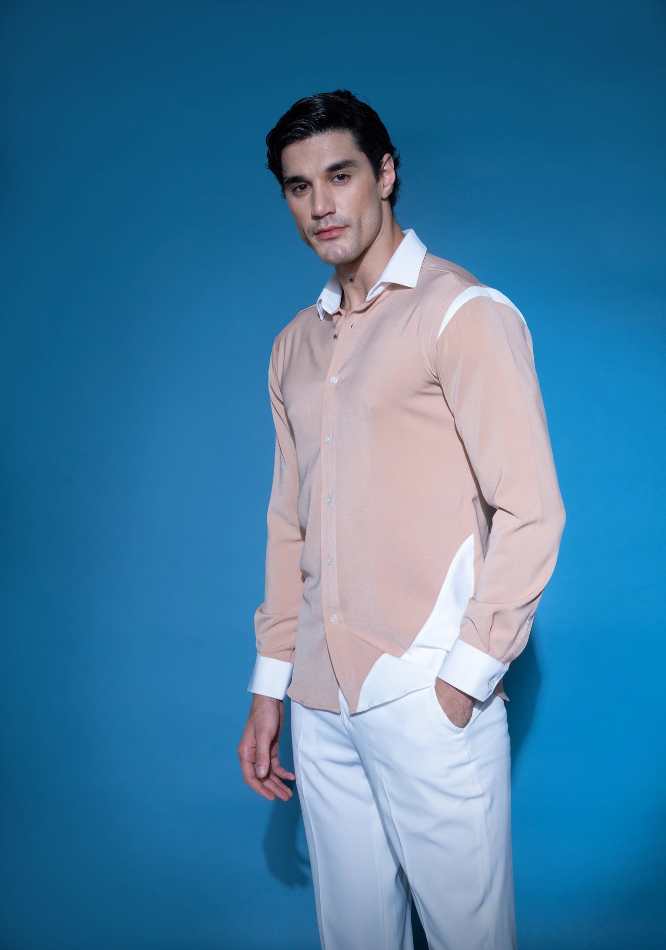 Taupe & white crepe shirt