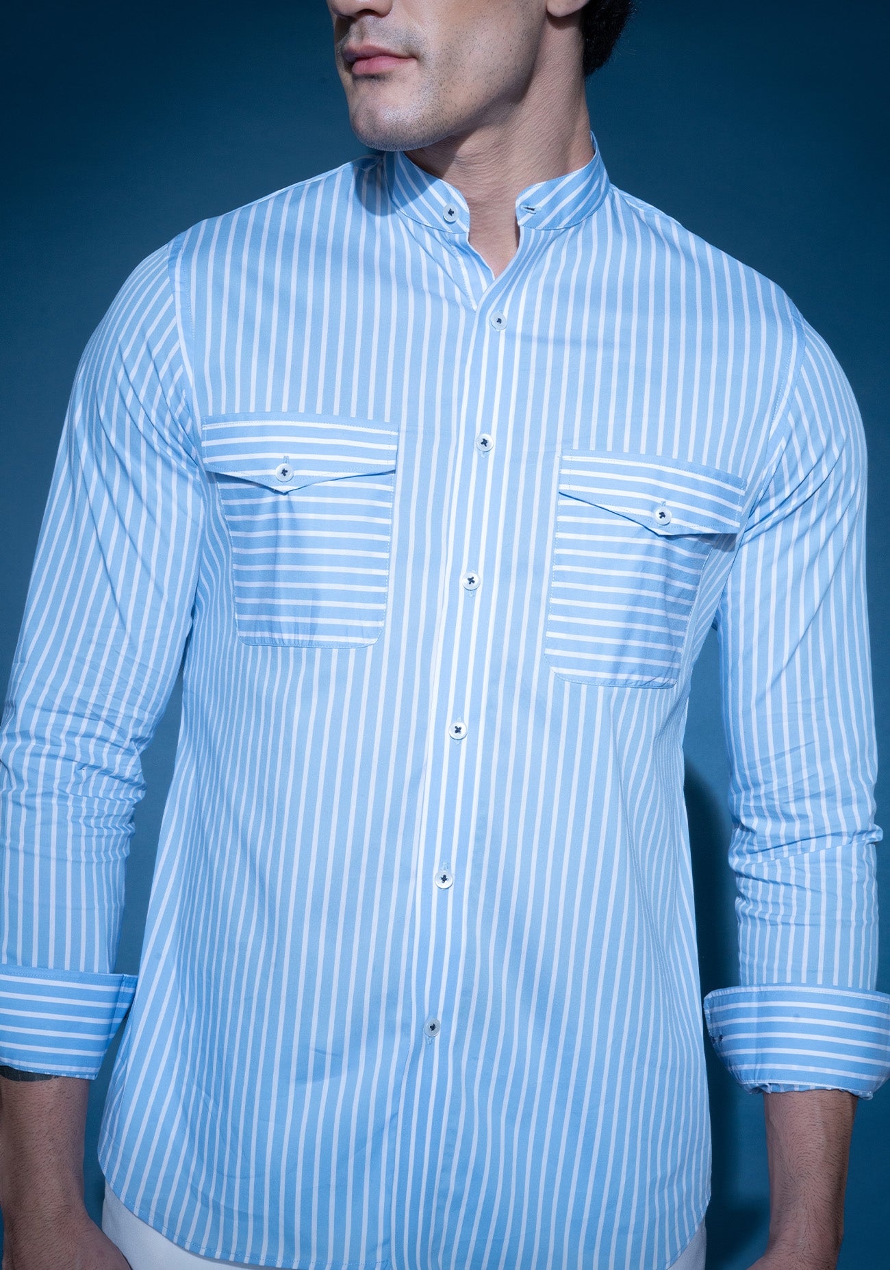 Blue & white striped mandarin collar shirt