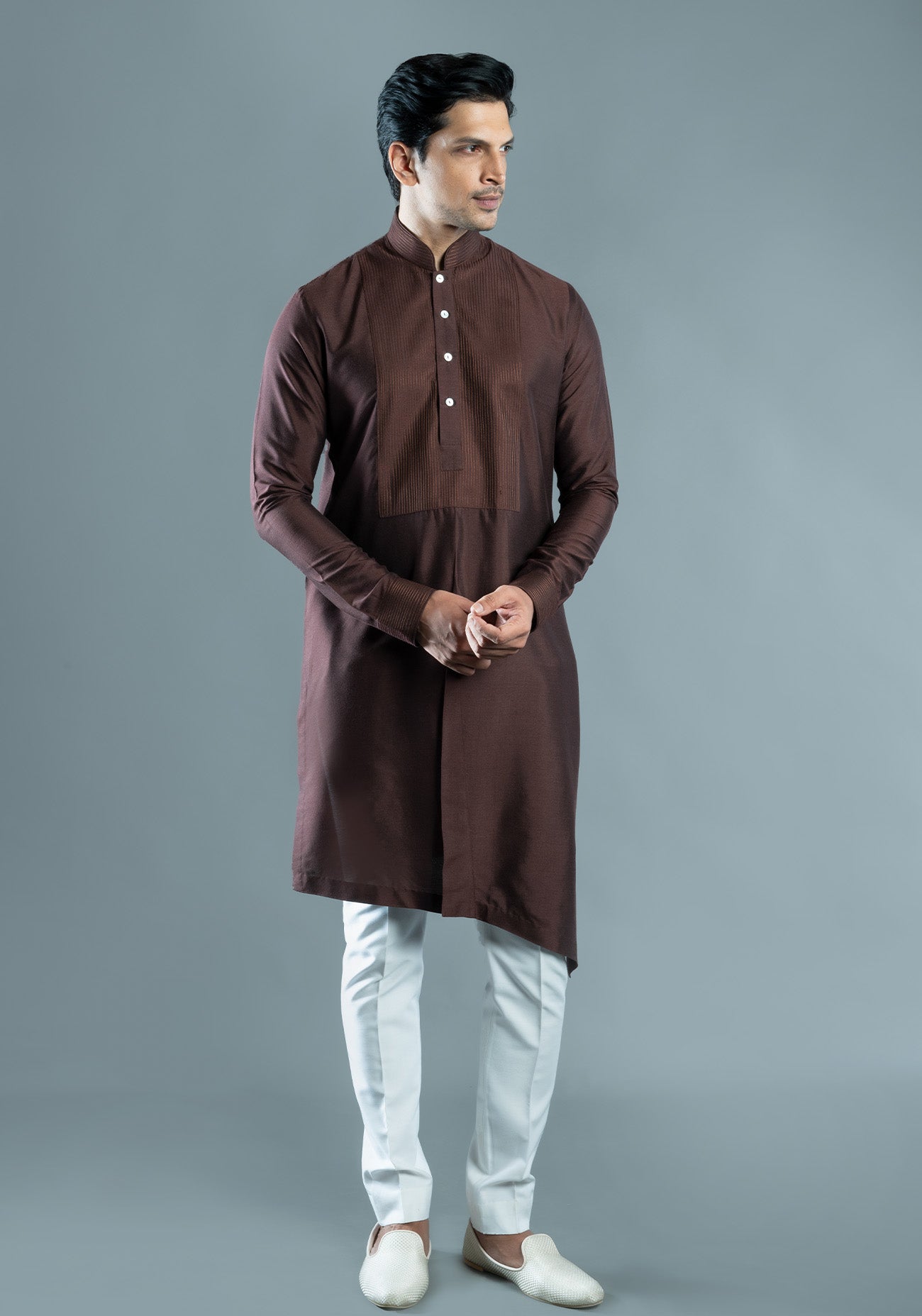 Brown Asymmetric Embroidered Kurta