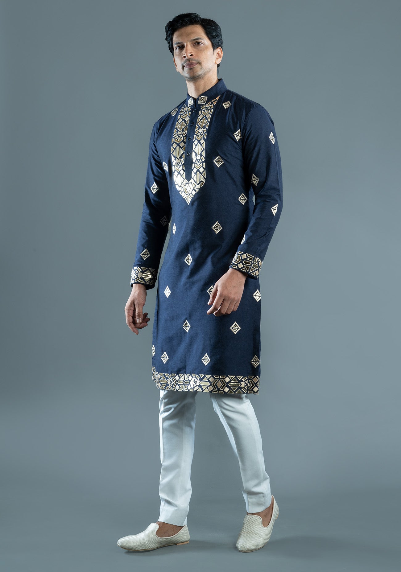 Navy Blue Foil Embroidered Kurta Set