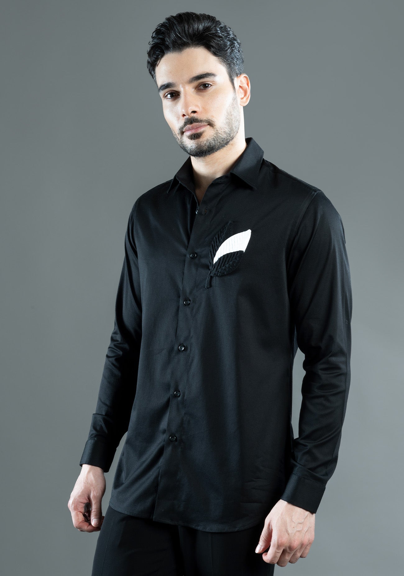 Black Cotton 3D Embroidery Shirt
