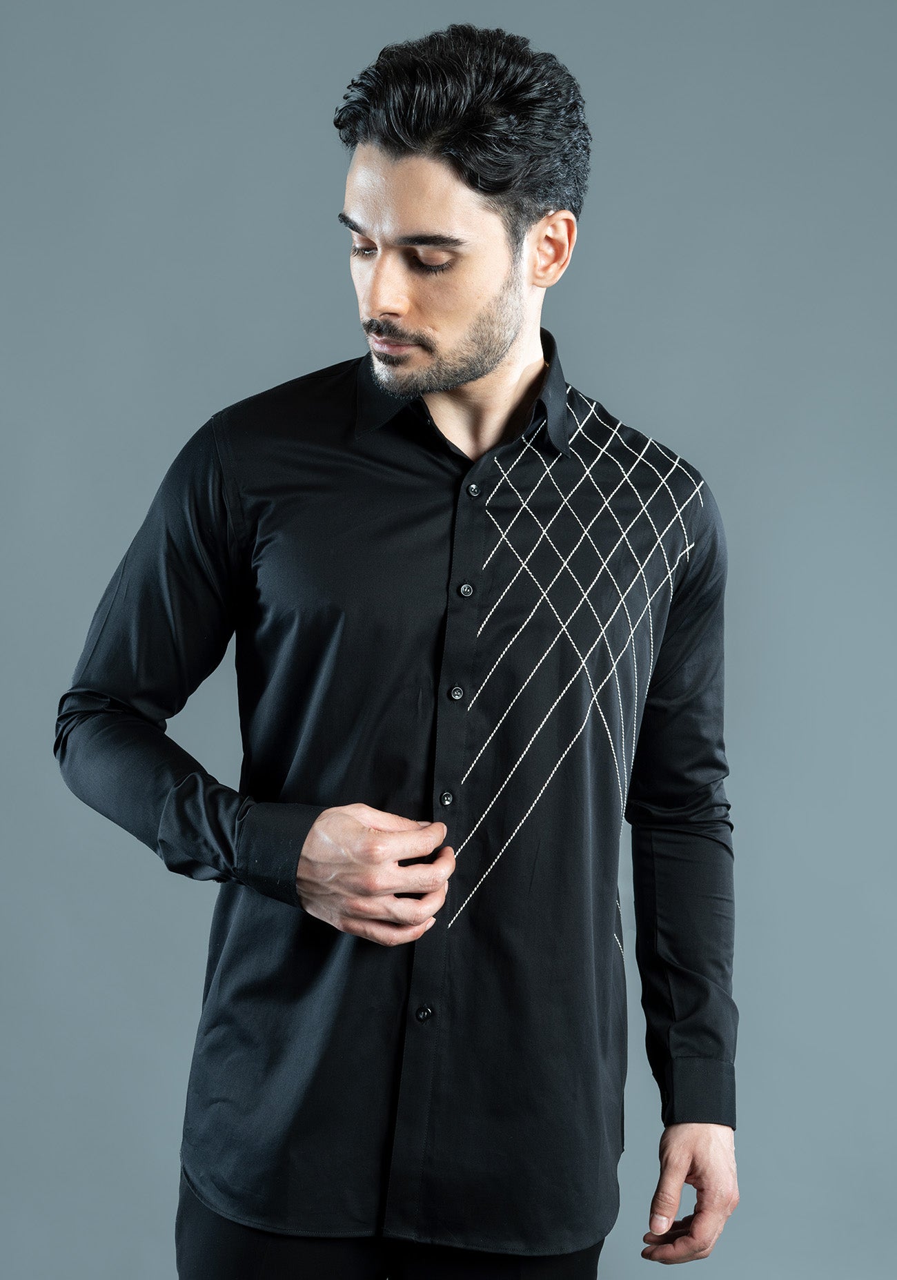 Black Cotton Criss Cross Embroidered Shirt