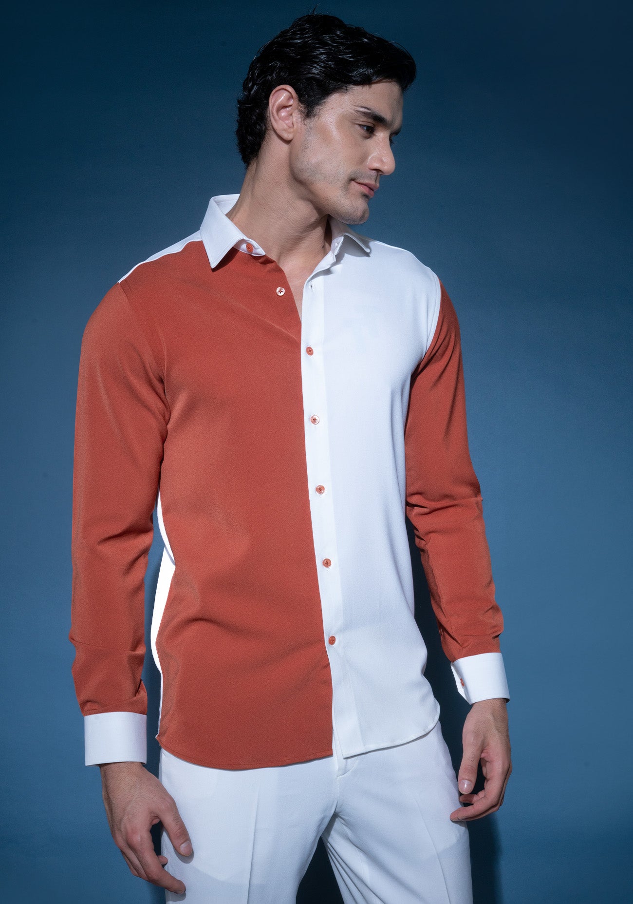 White & Burnt Orange colour block shirt