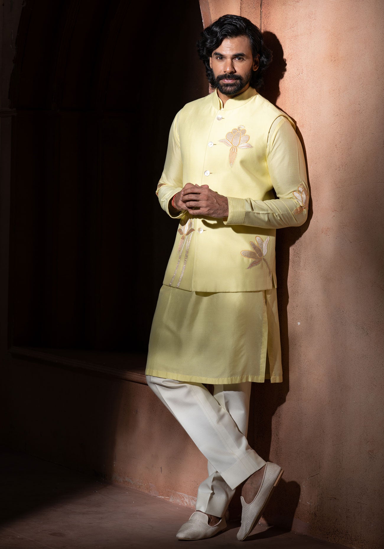 Yellow Floral Embroidered Nehru Jacket Set