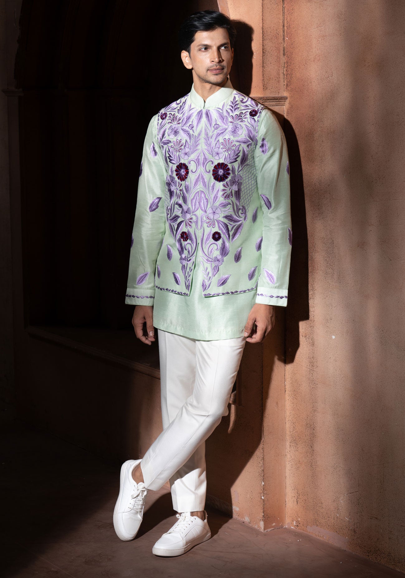 Mint Green Embroidered Nehru Jacket Set