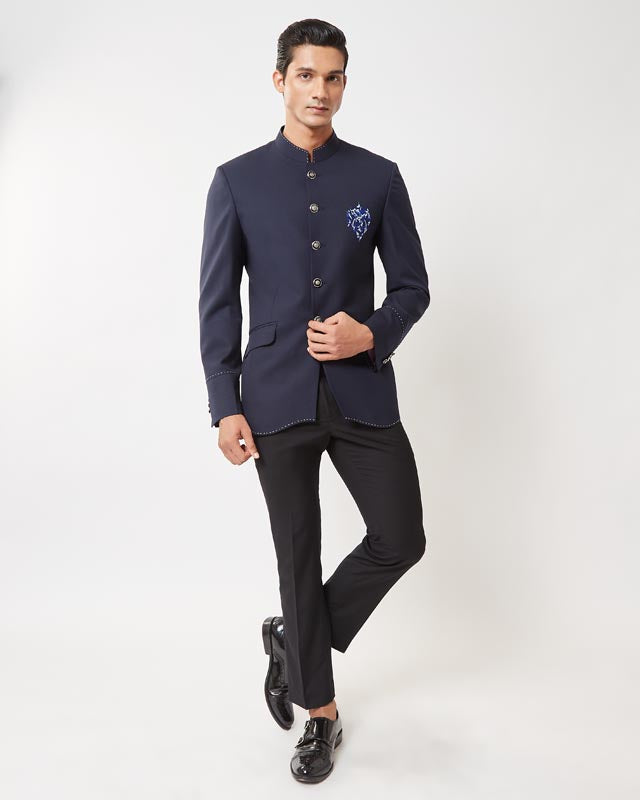 Navy Floral Pocket Embroidered Bandhgala