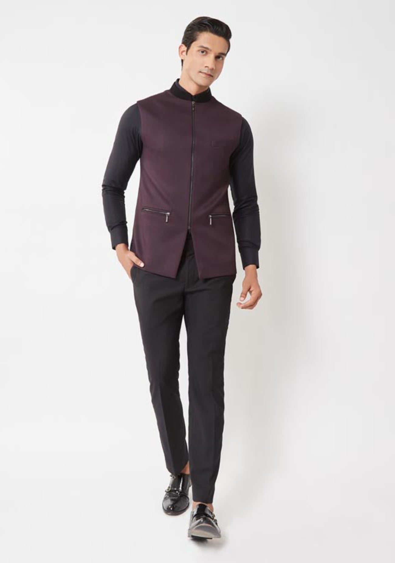 Dark Burgundy Zipper Nehru Jacket
