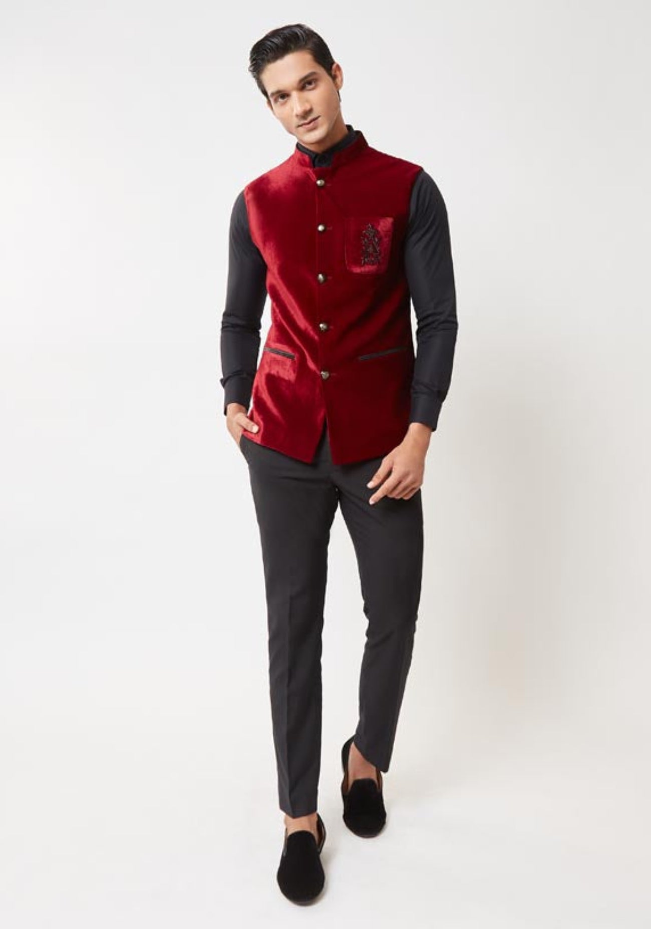 Maroon Pocket Embroidered Nehru Jacket
