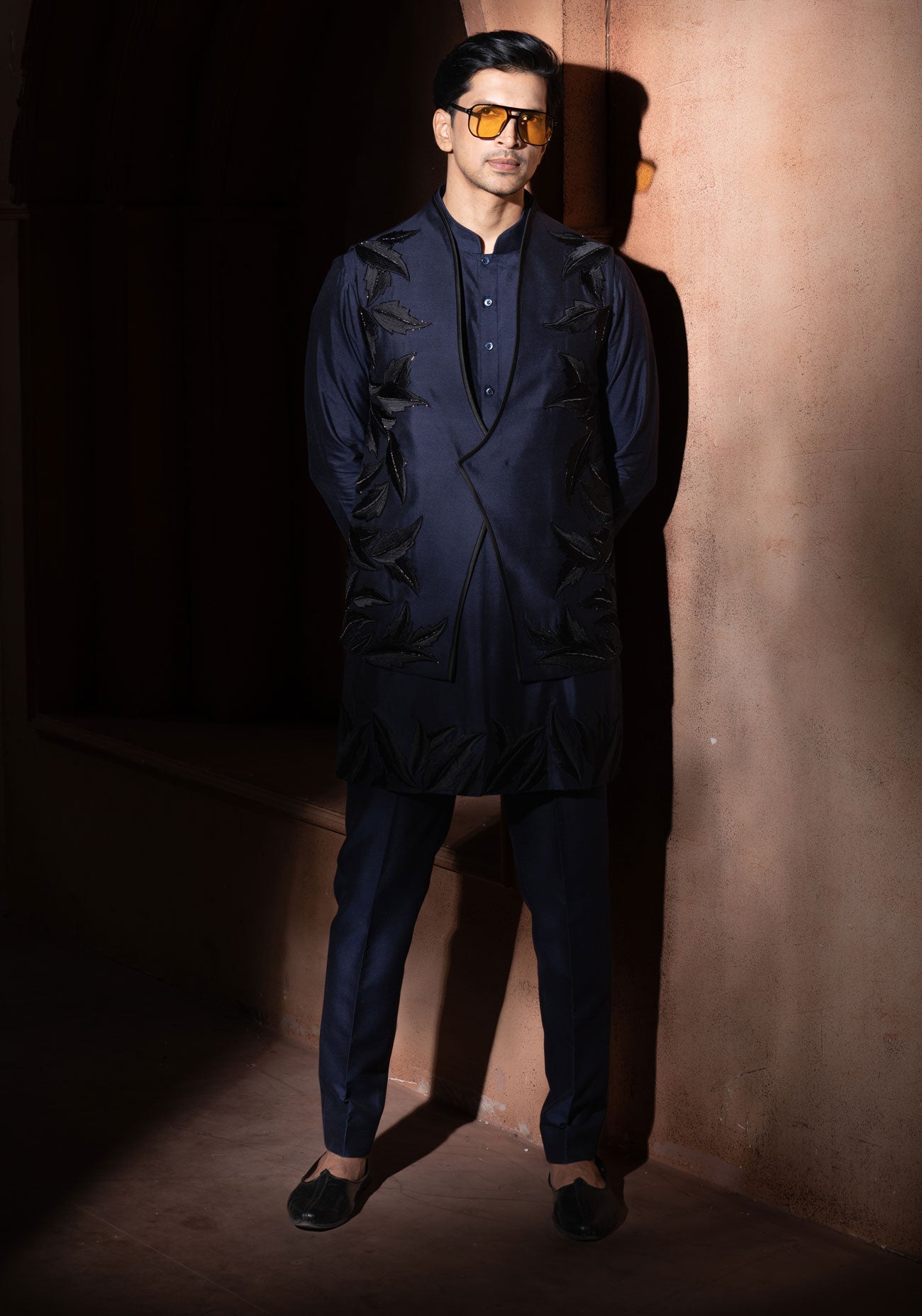 Navy Blue Leaf Embroidered Nehru Jacket Set