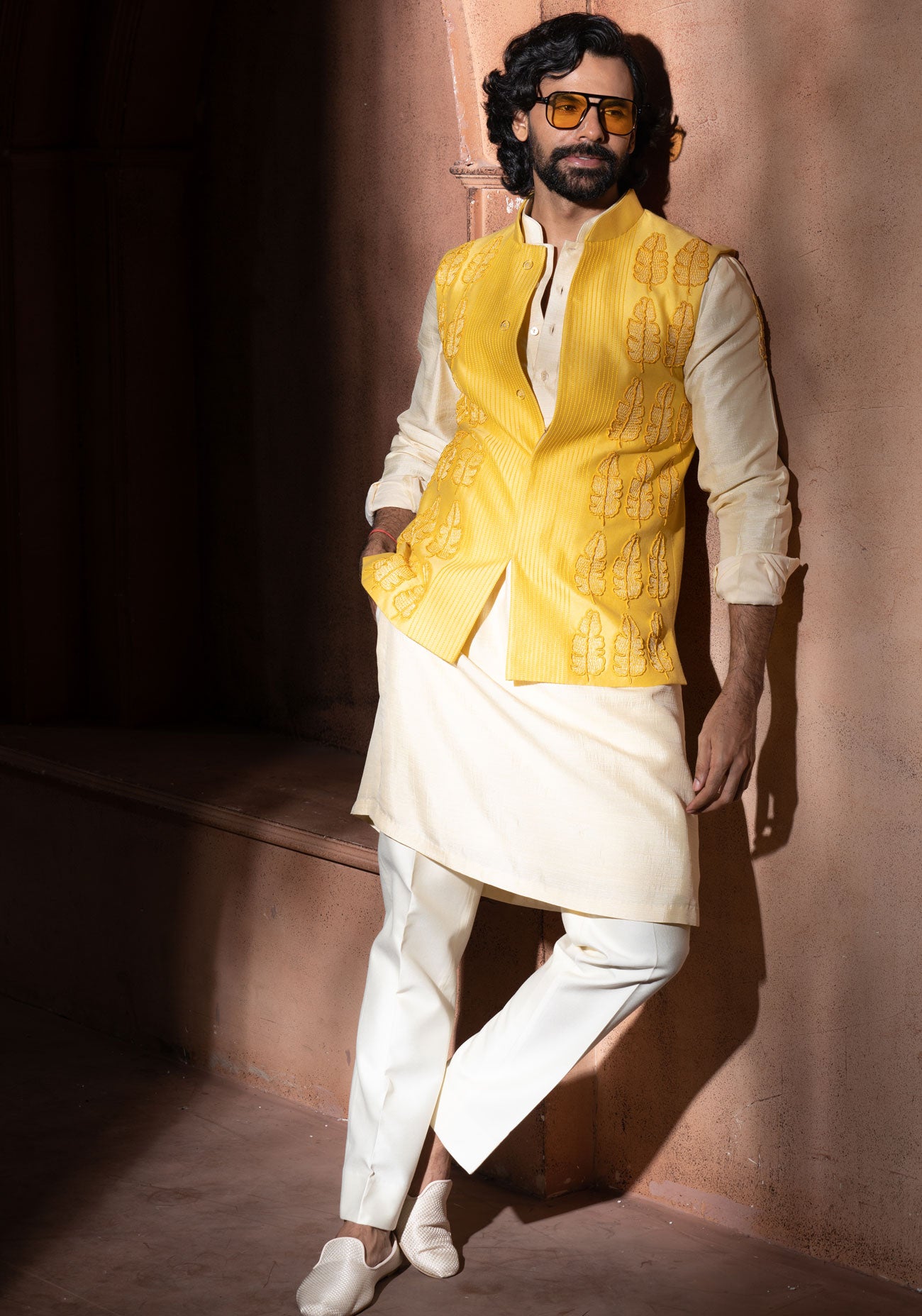Yellow Embroidered Nehru Jacket Set