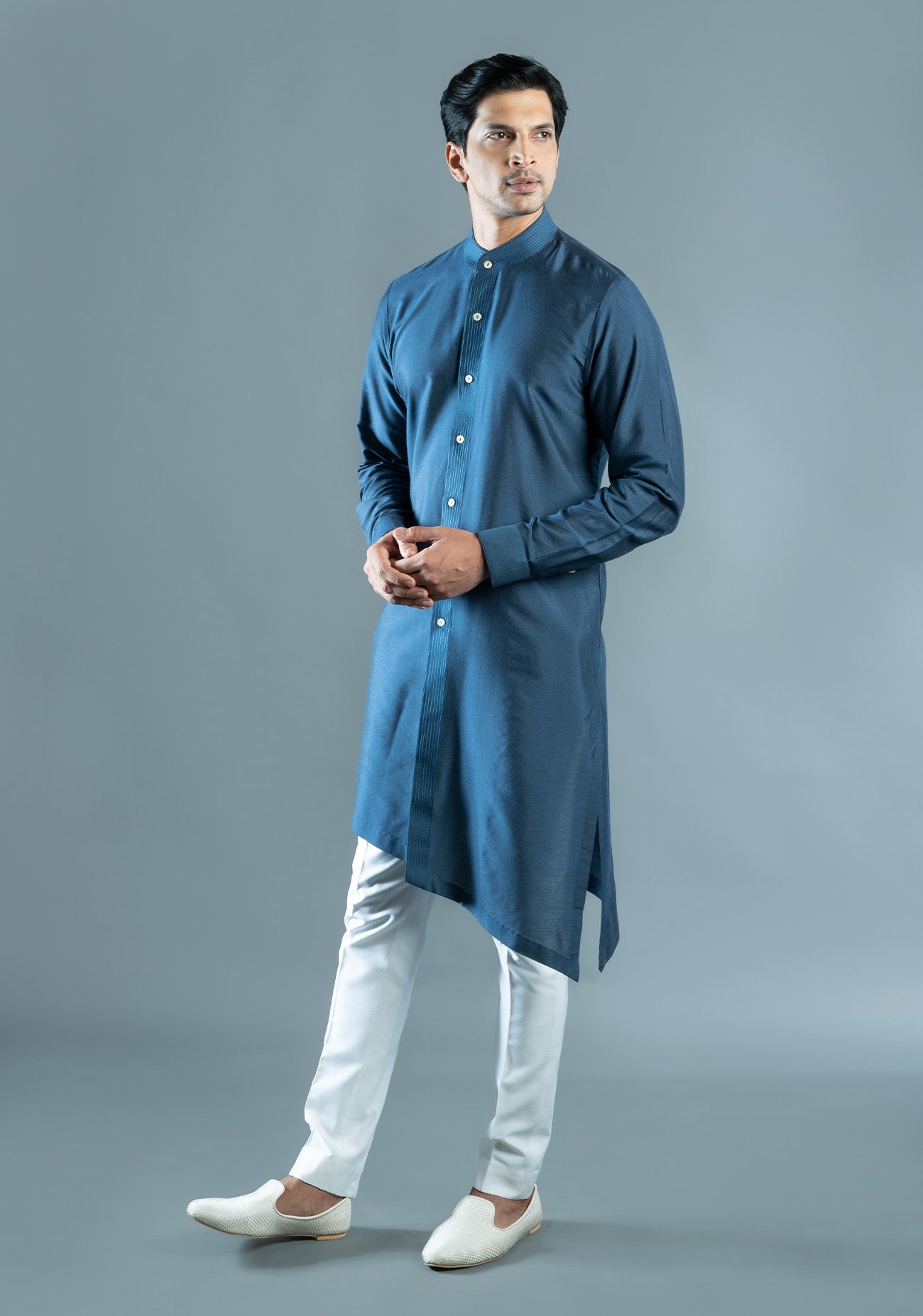 Navy Blue Asymmetric Embroidered Kurta