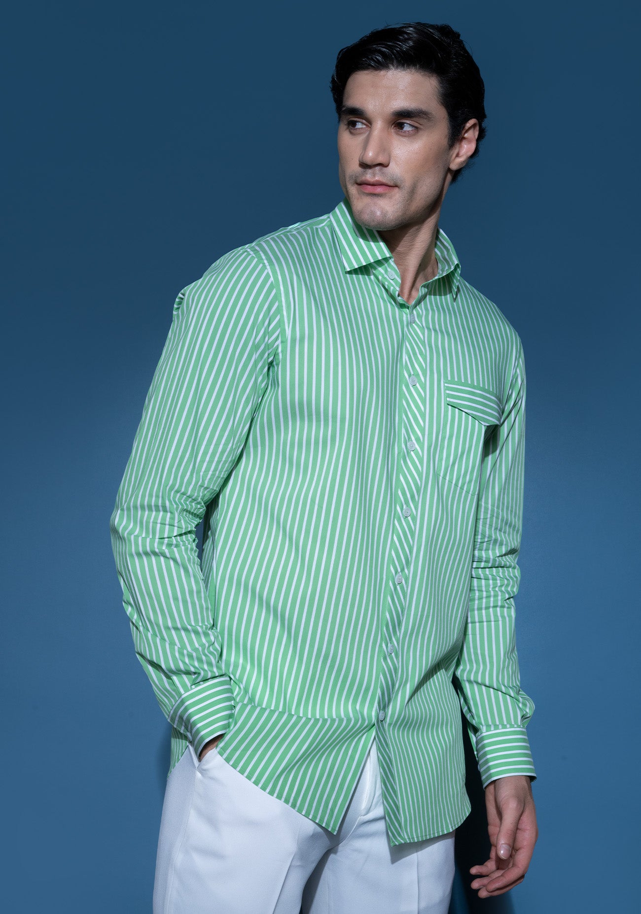 White & green striped cotton shirt