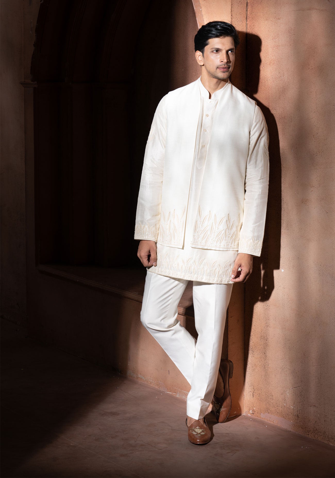 Ivory Embroidered Nehru Jacket Set