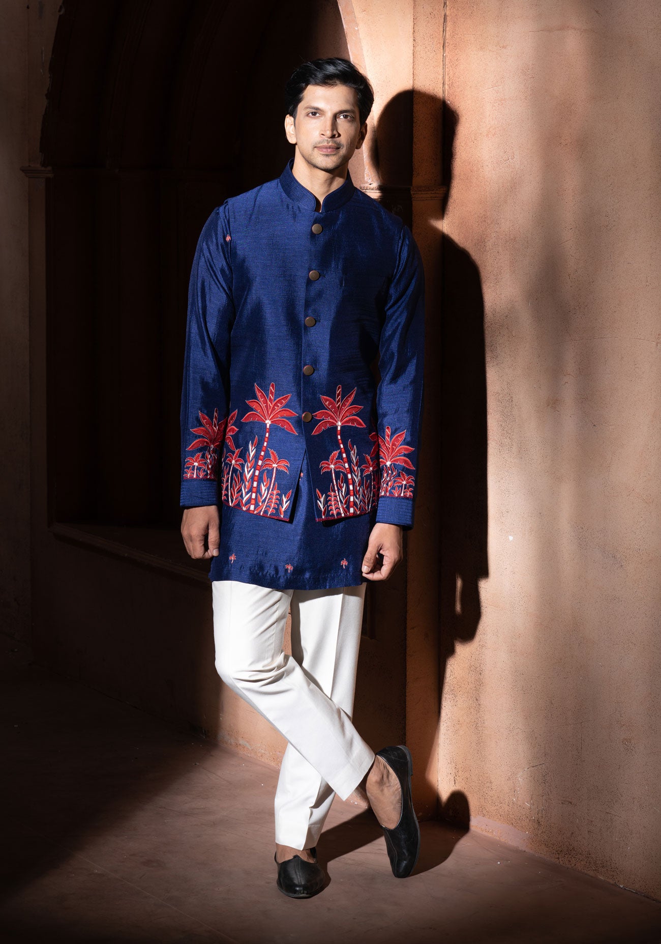 Blue & Red Embroidered Nehru Jacket Set