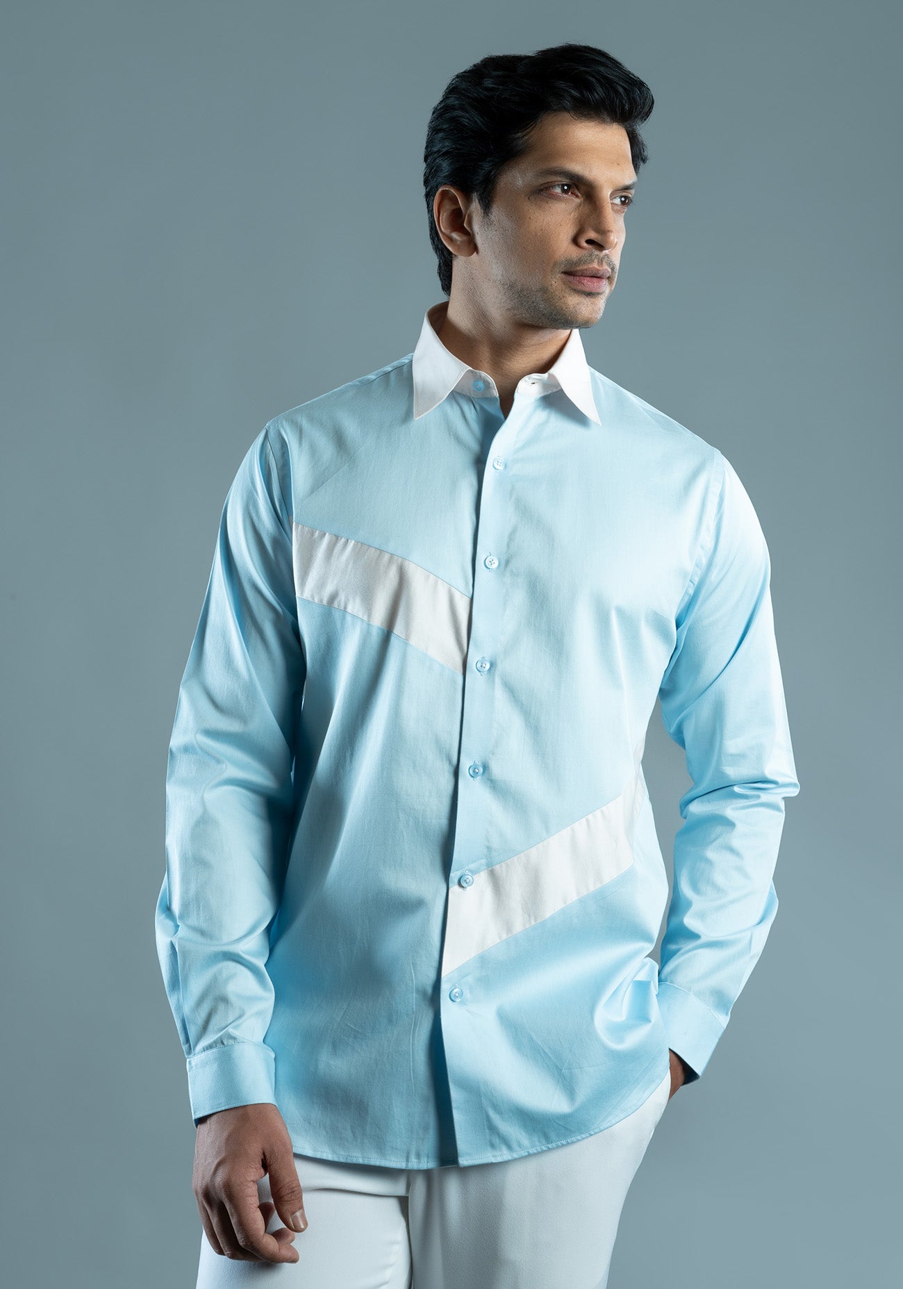 Powder Blue & White Cotton Color Block Shirt