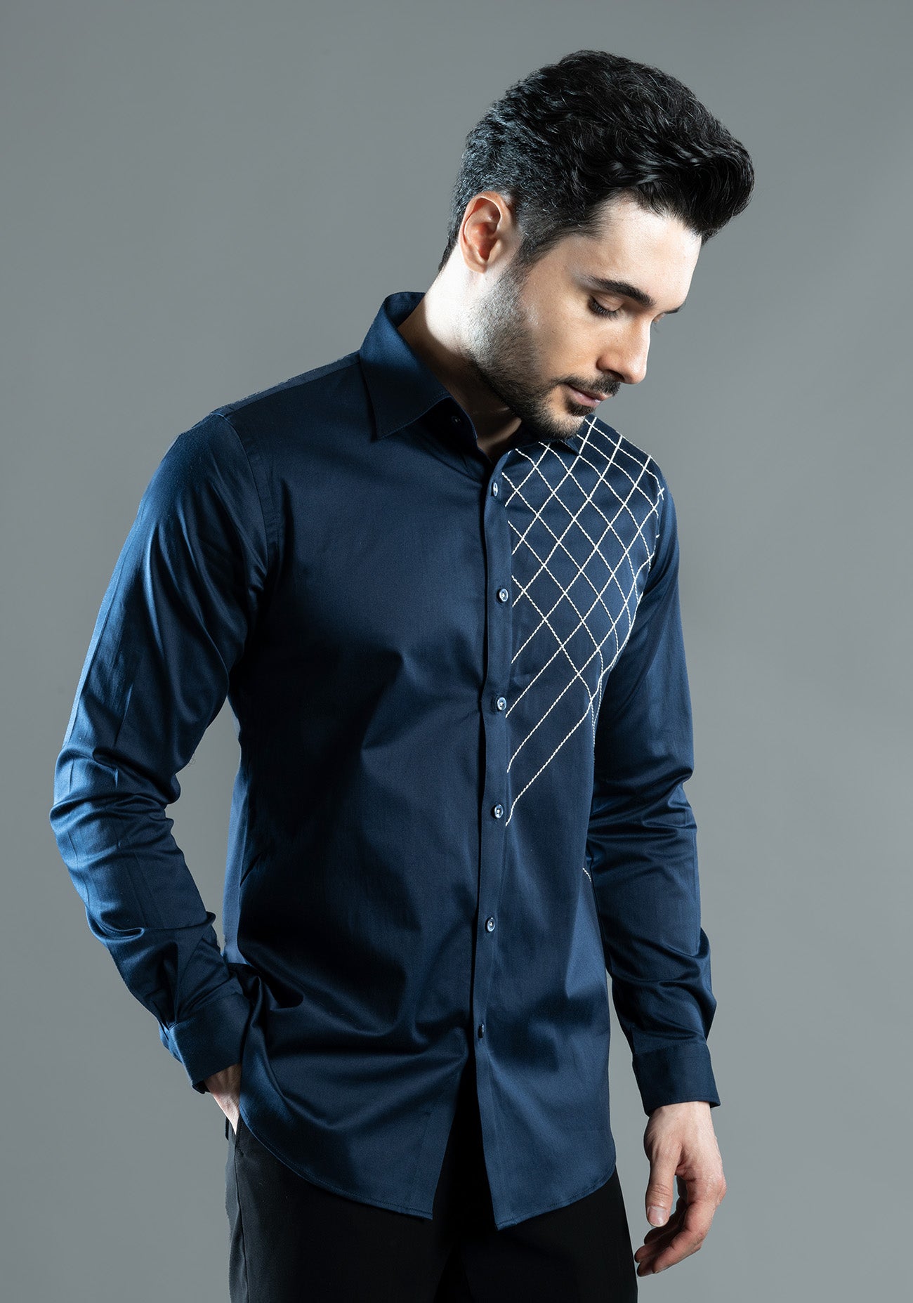 Navy Blue Cotton Criss Cross Embroidered Shirt