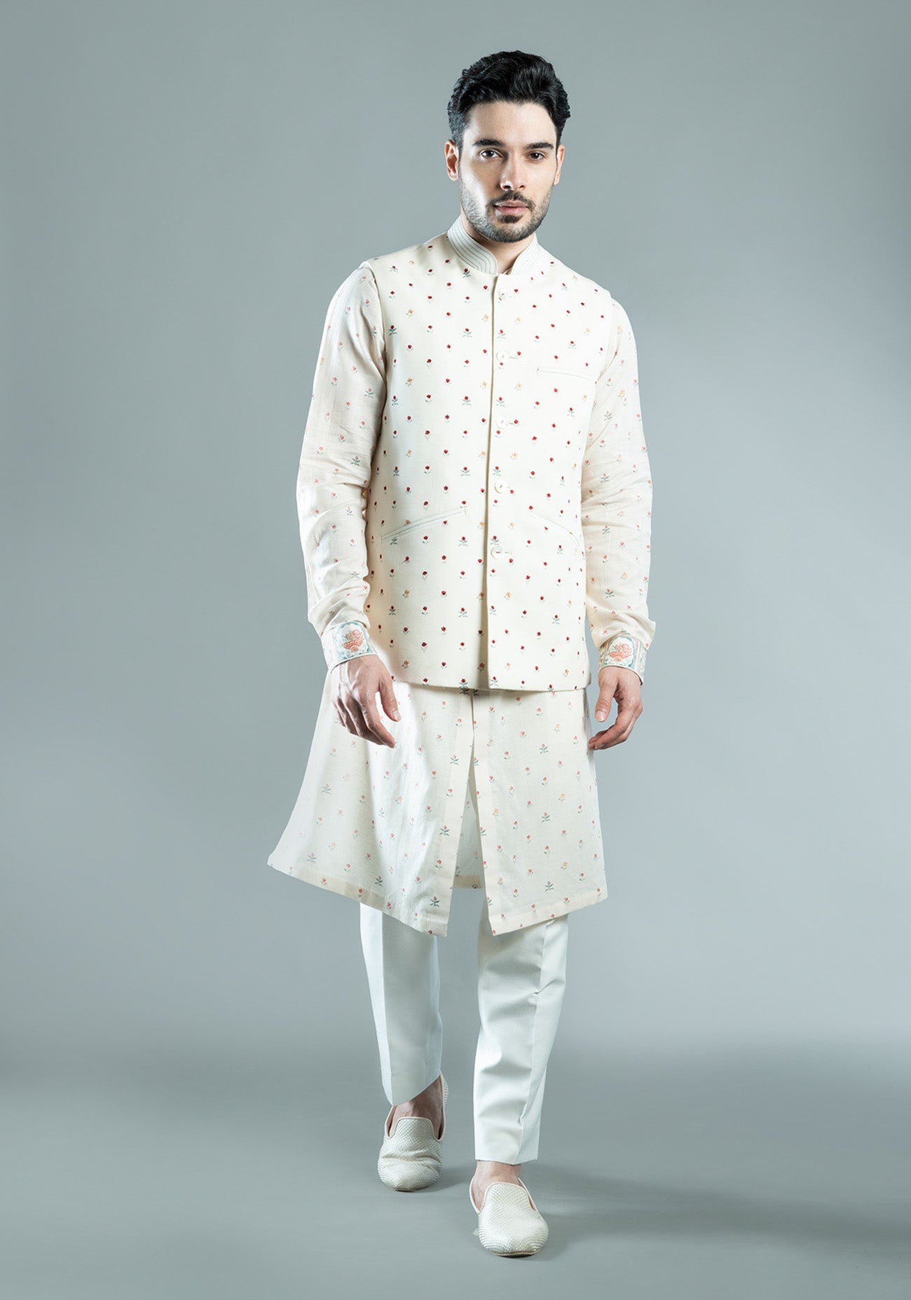Cream Floral Printed Nehru Jacket Set