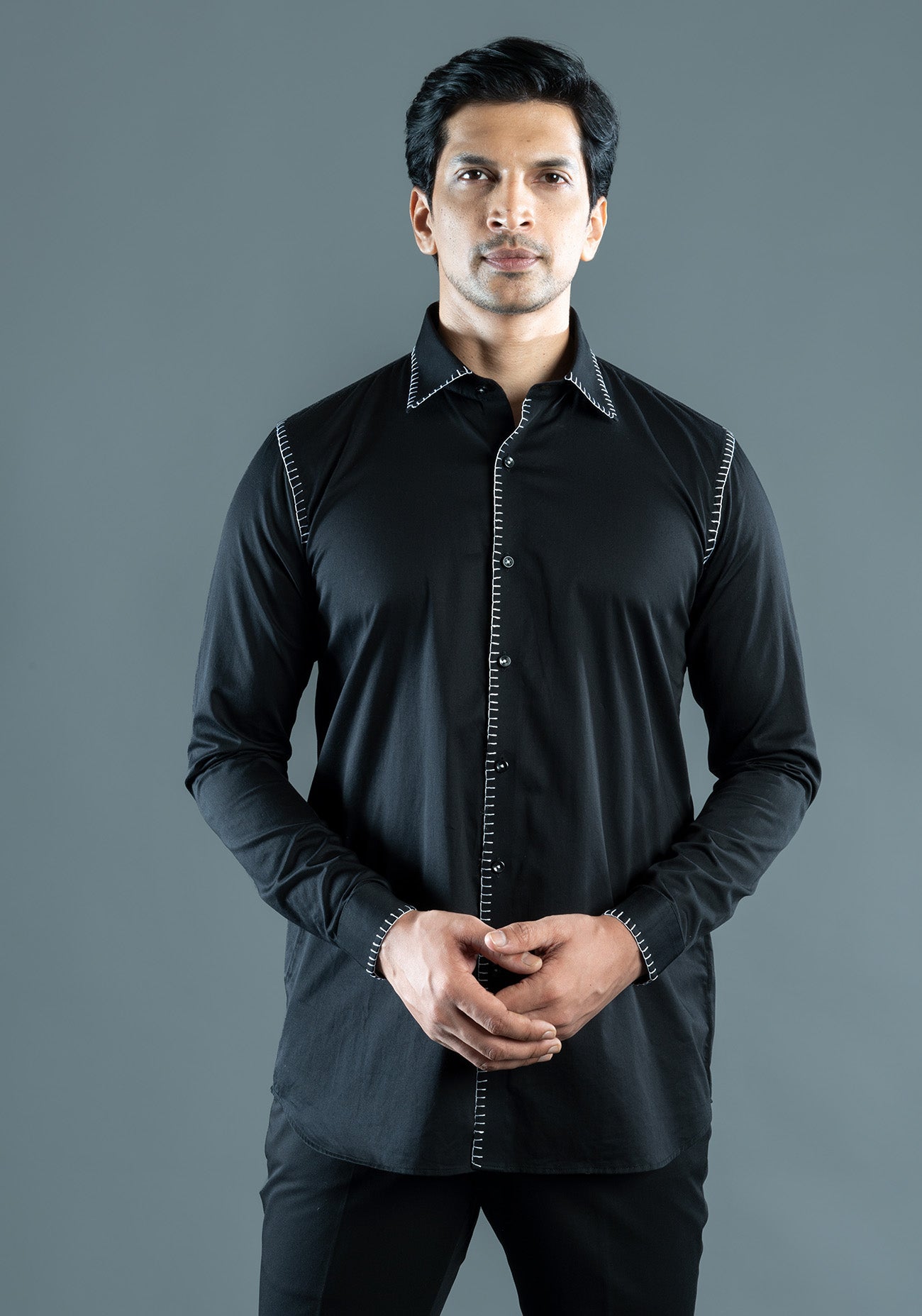 Black Blanket Stitch Cotton Shirt