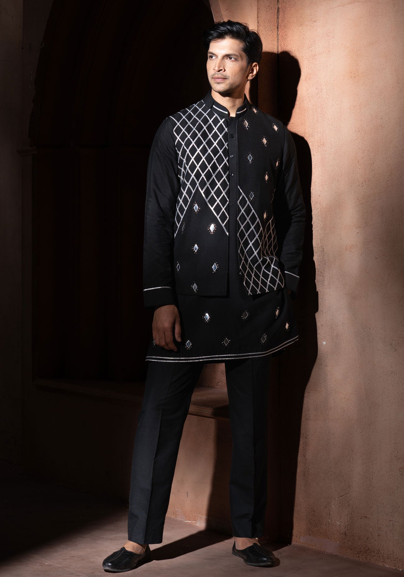Black Foil Work Nehru Jacket Set