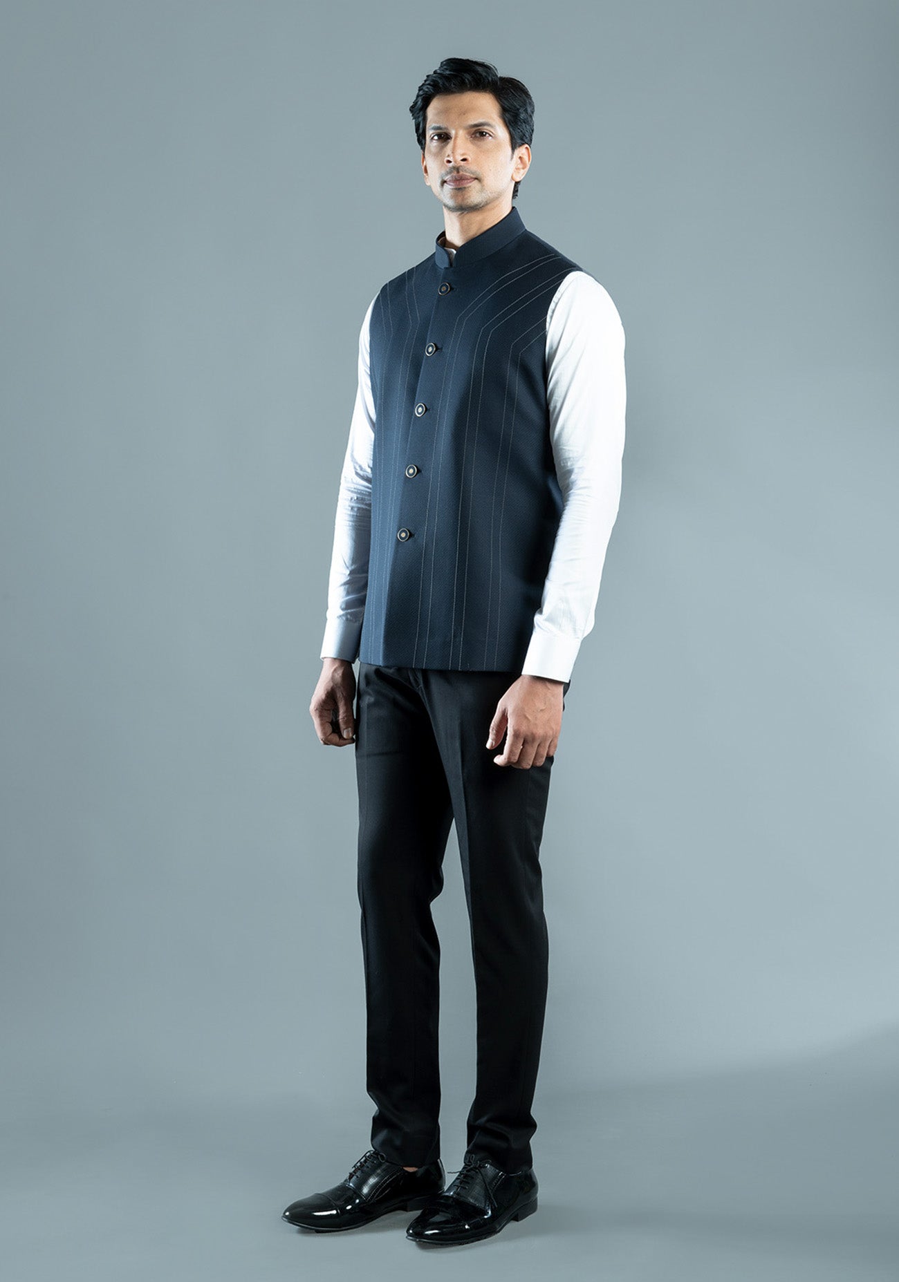 Navy Blue Textured Nehru Jacket