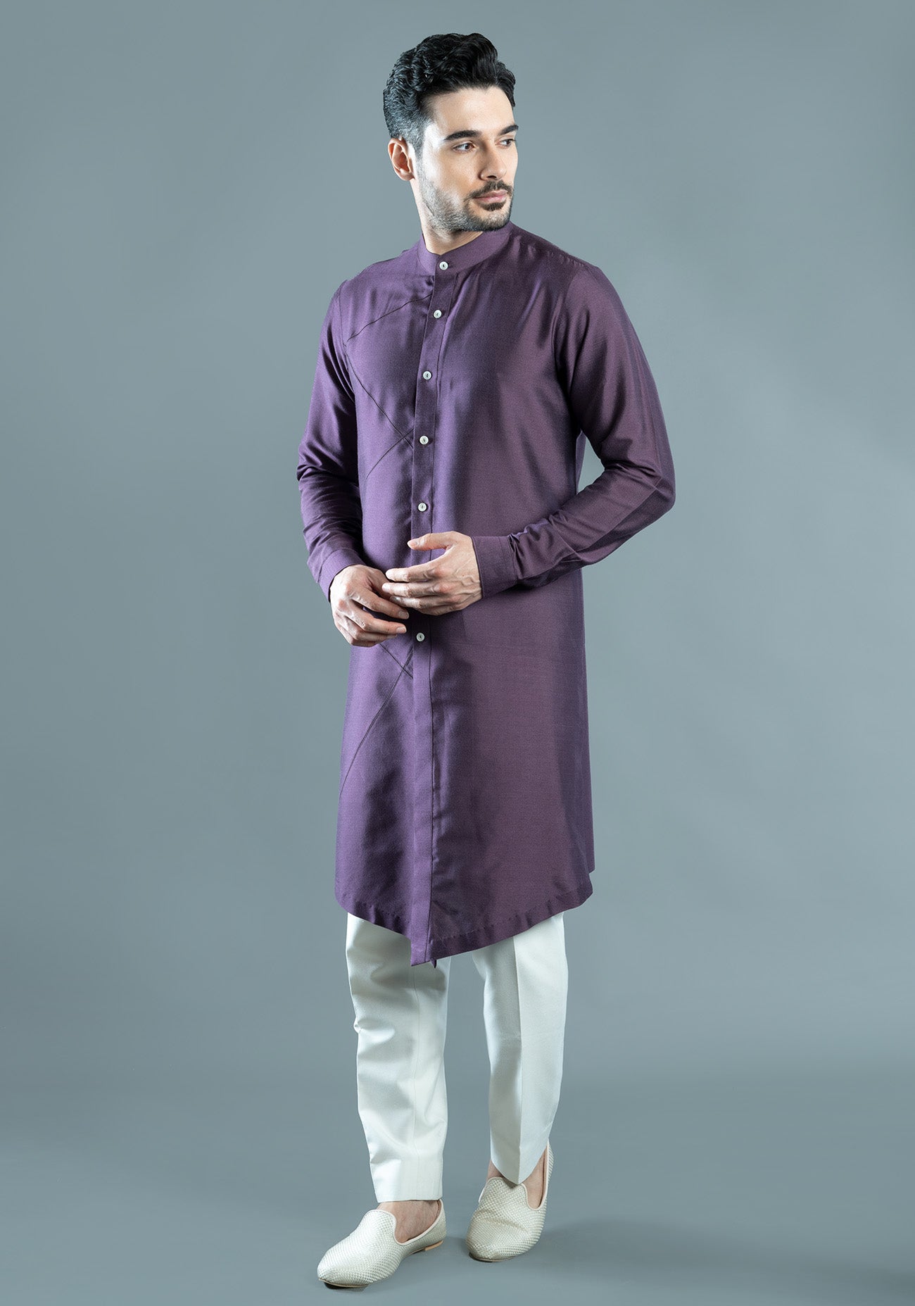 Purple Sherwani Cut Embroidered Kurta