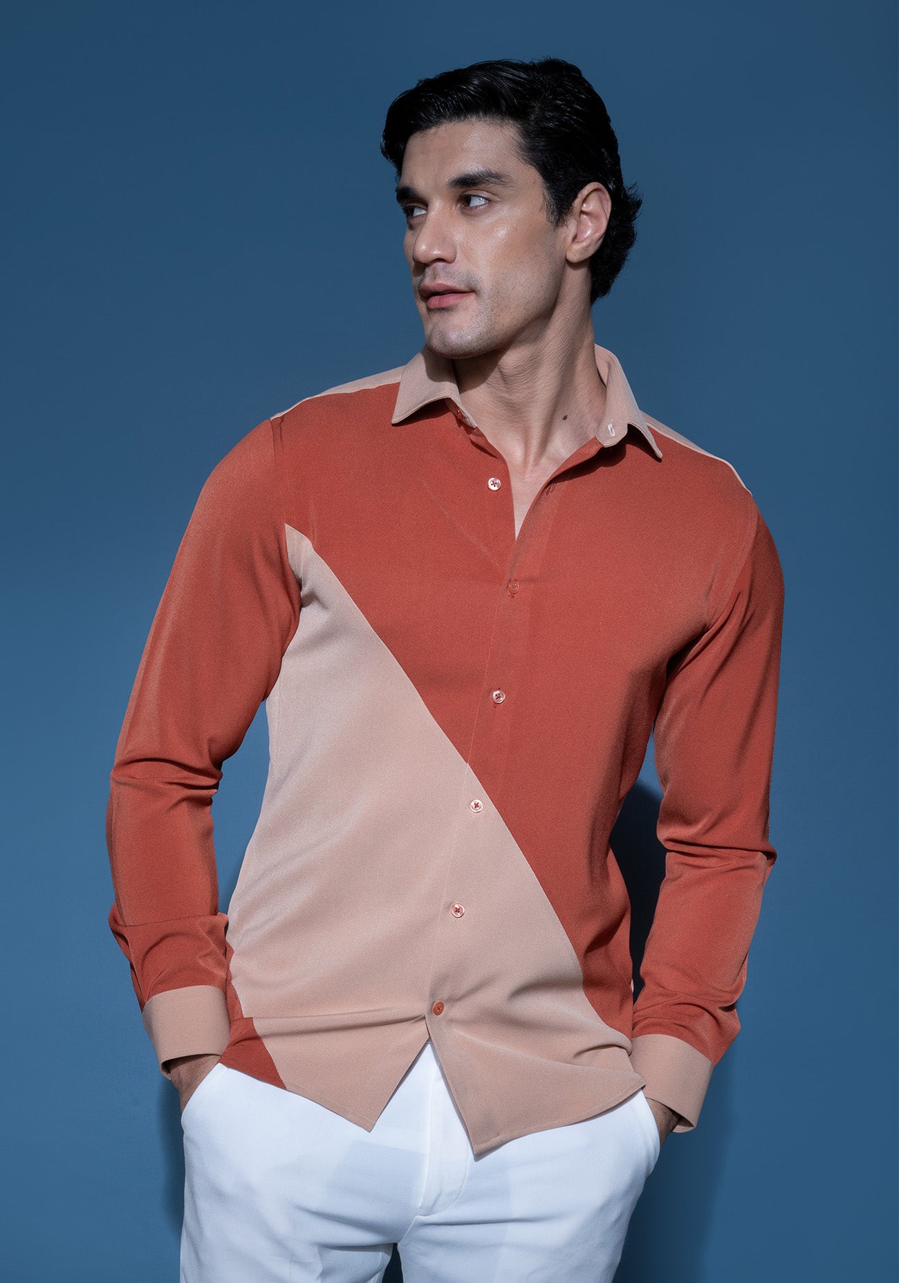 Burnt orange & Taupe color block shirt