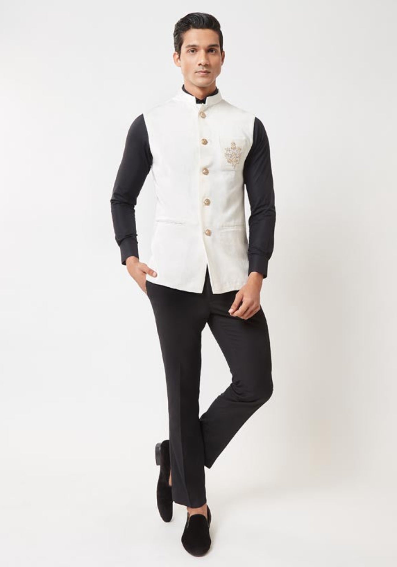 White Floral Embroidered Nehru Jacket