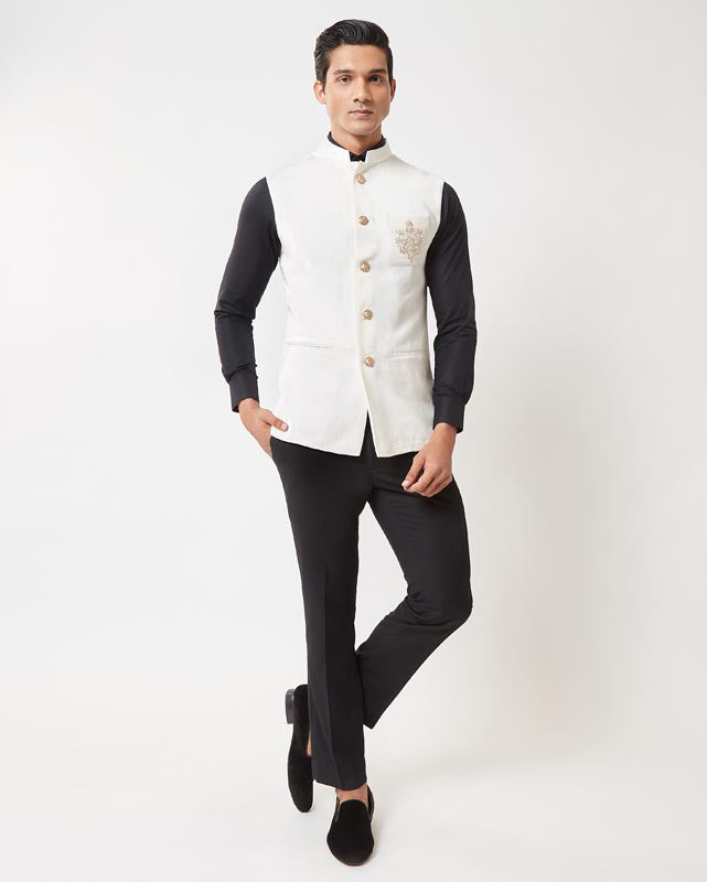 White Floral Embroidered Nehru Jacket