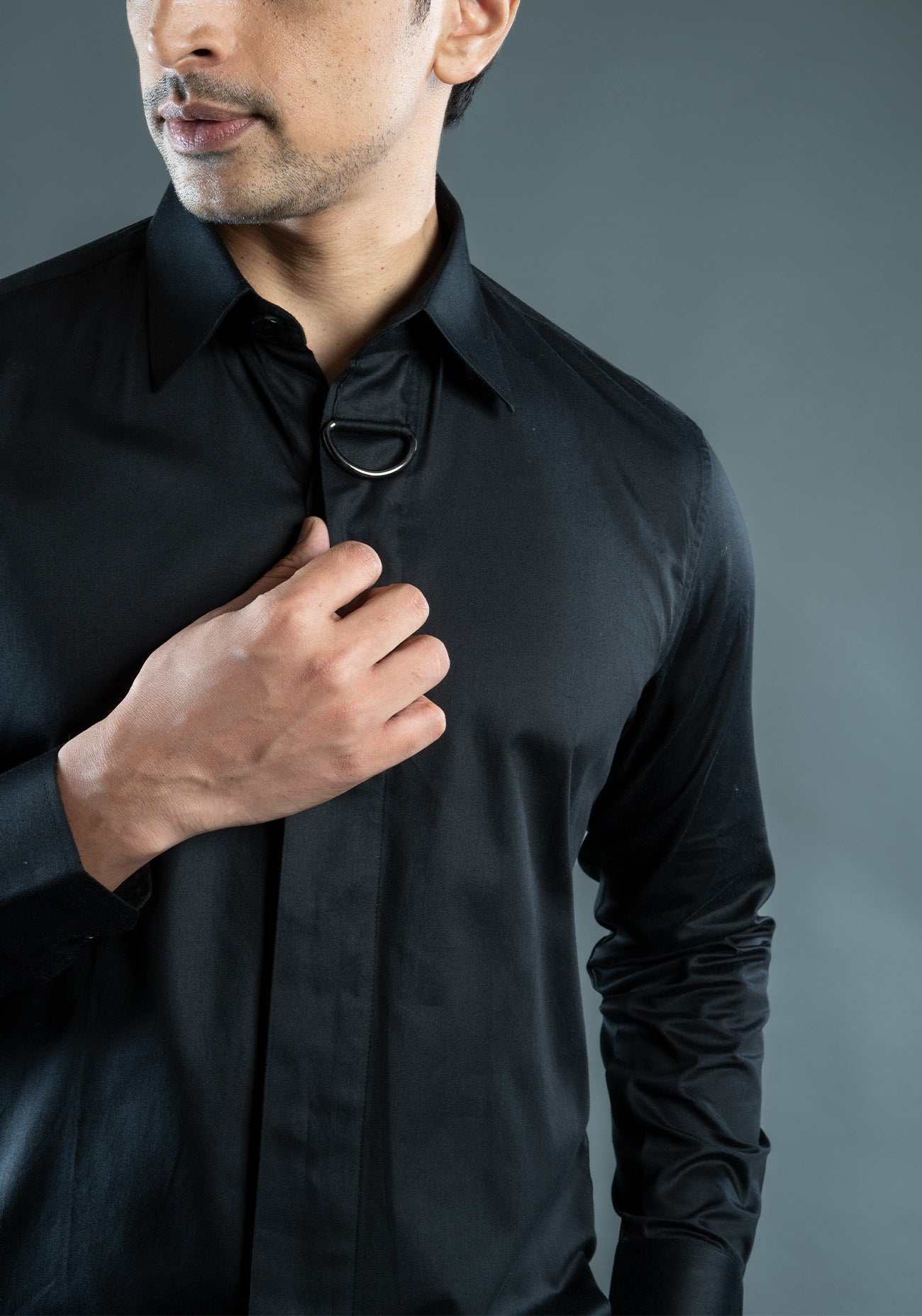 Black cotton shirt with buckle detailing